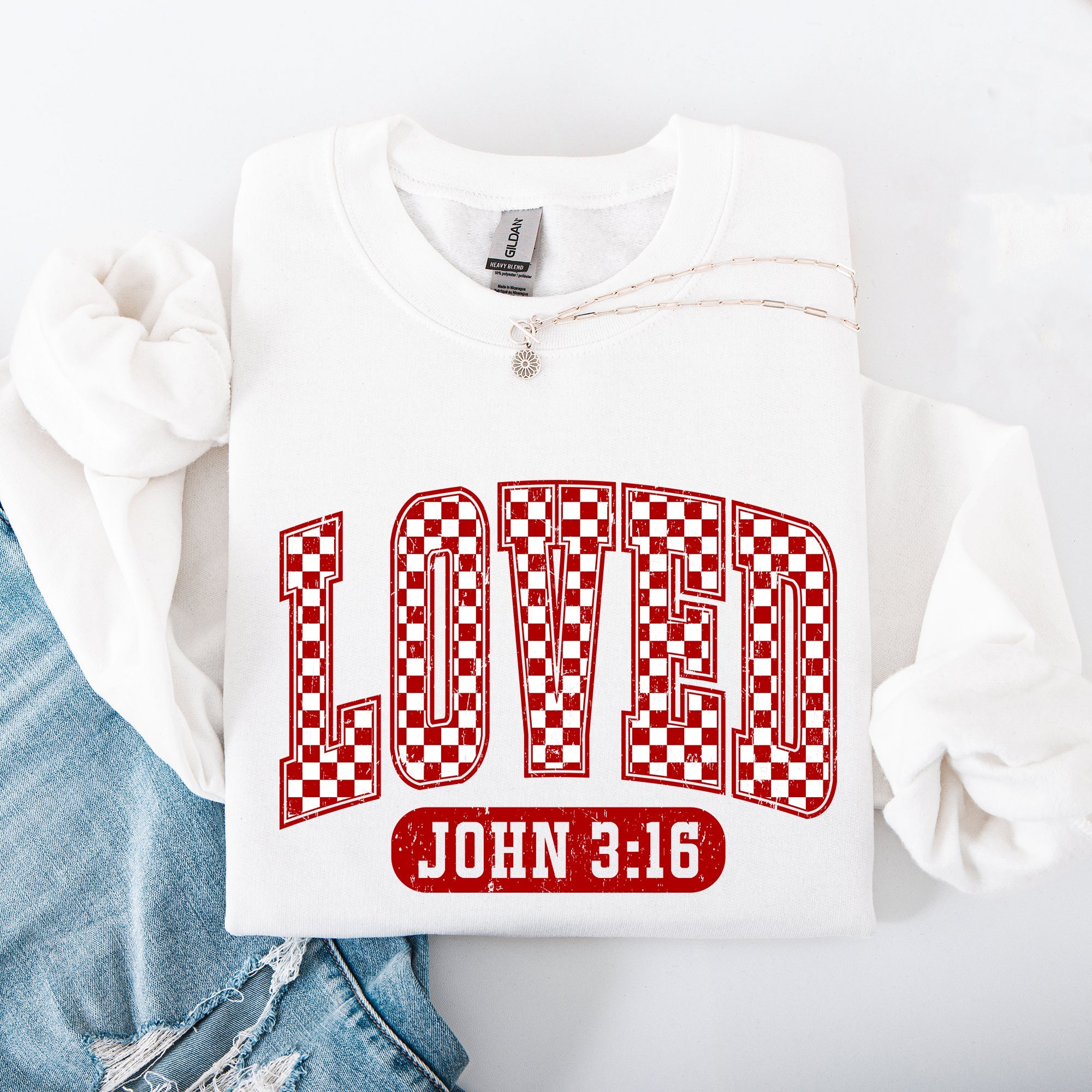 Loved John 3:16 Checkered Cozy Valentine Love Christian Faith Scripture Sweatshirt