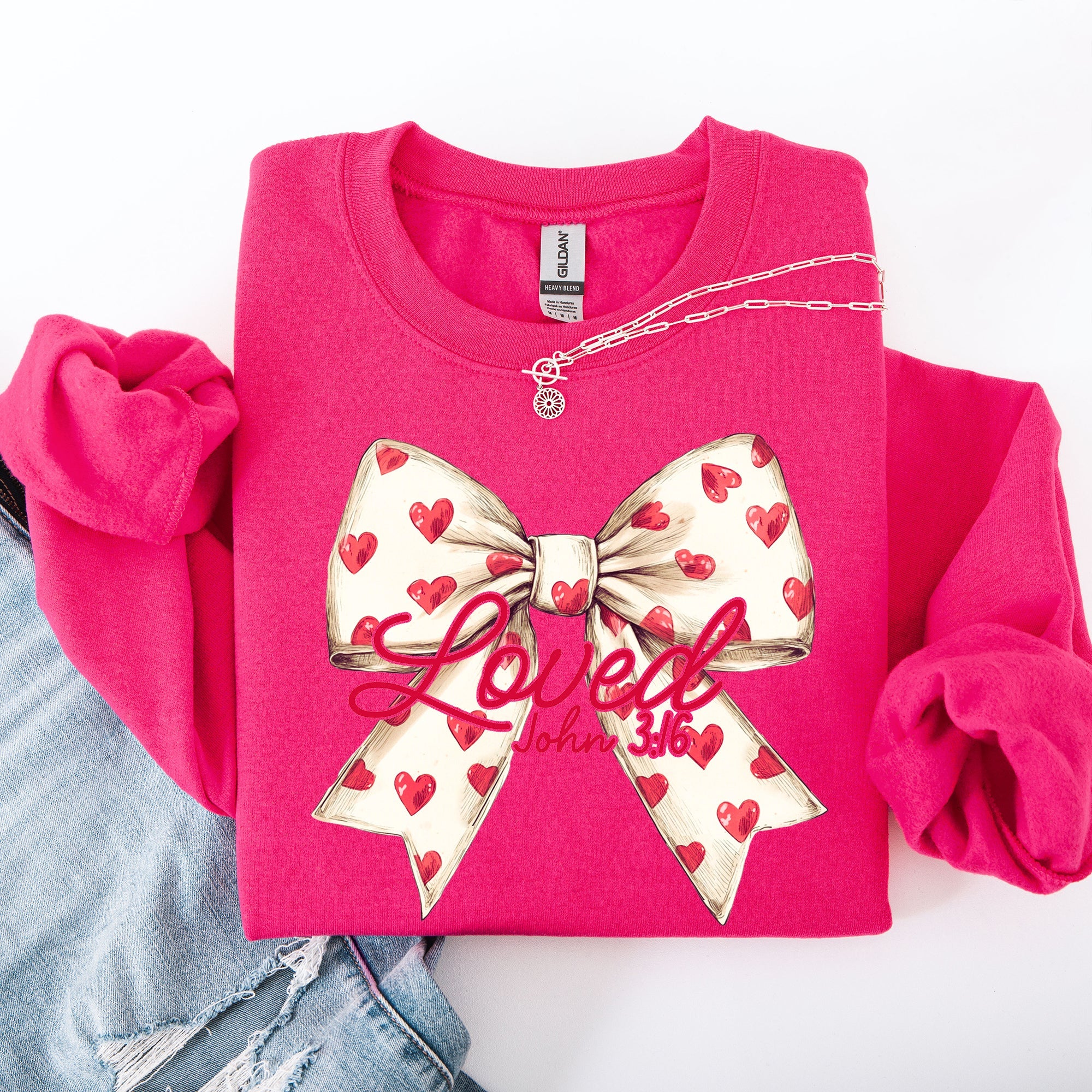 Loved John 3:16 Valentine's Day Hearts Ribbon Bow Christian Faith Bible Verse Inspired Sweatshirt