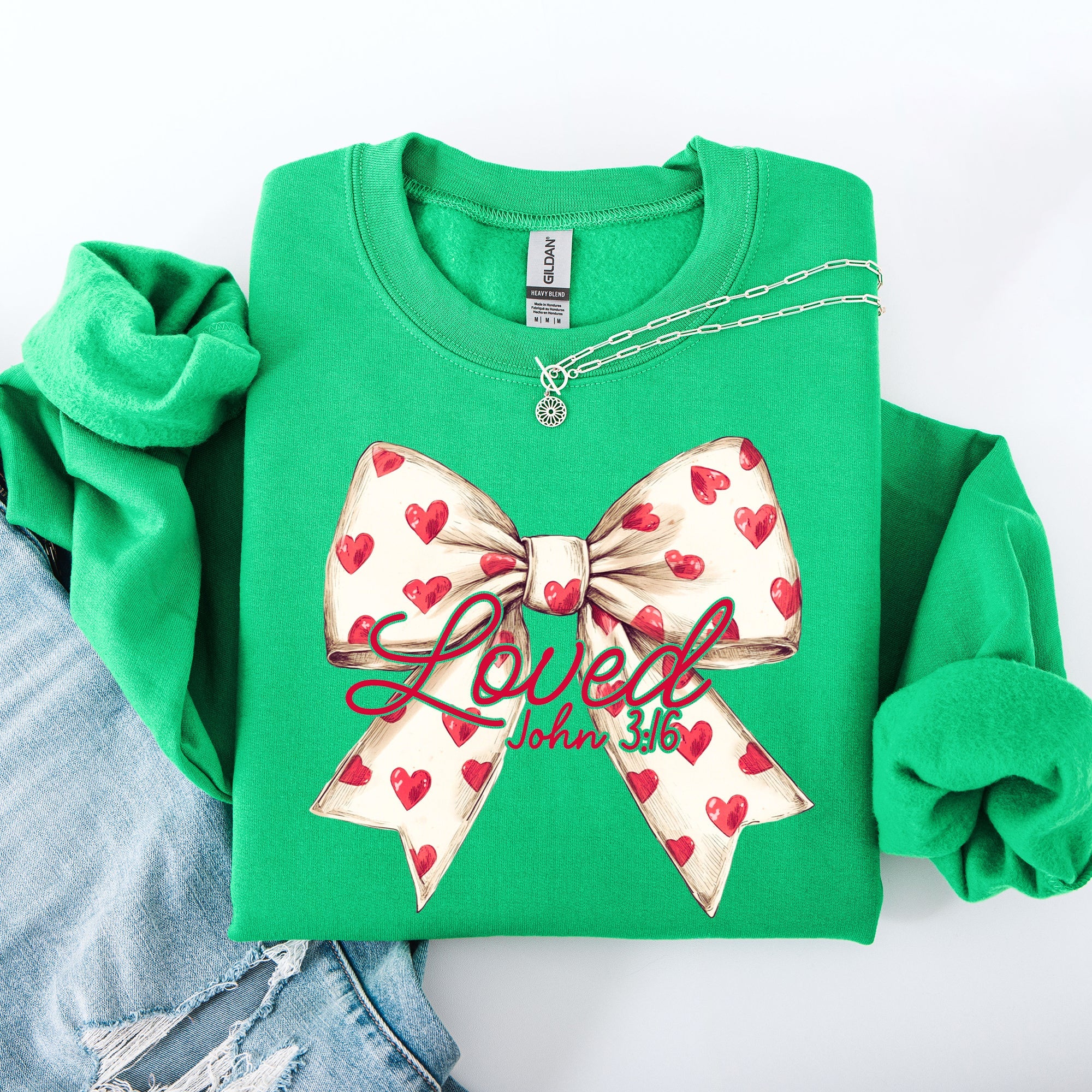 Loved John 3:16 Valentine's Day Hearts Ribbon Bow Christian Faith Bible Verse Inspired Sweatshirt