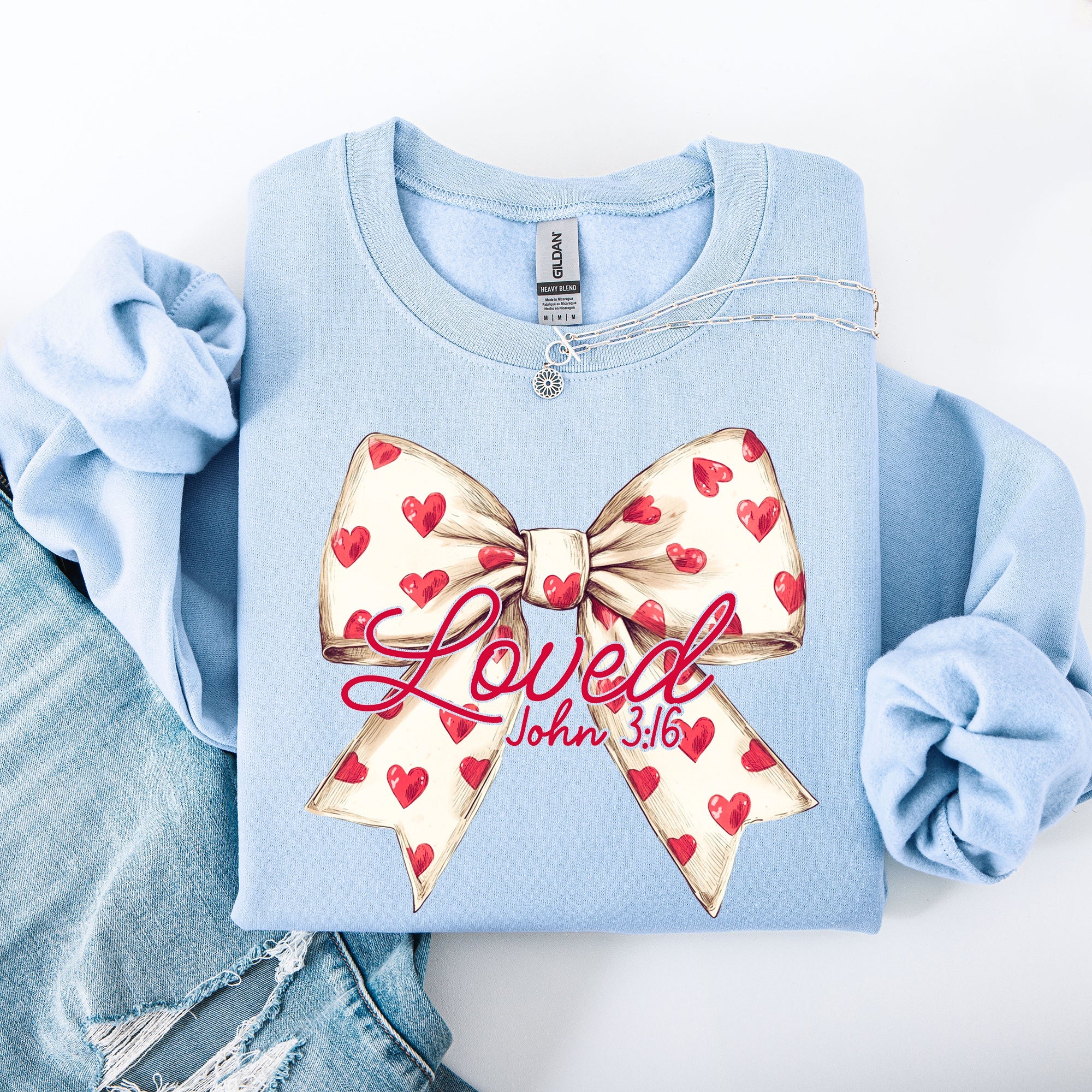 Loved John 3:16 Valentine's Day Hearts Ribbon Bow Christian Faith Bible Verse Inspired Sweatshirt