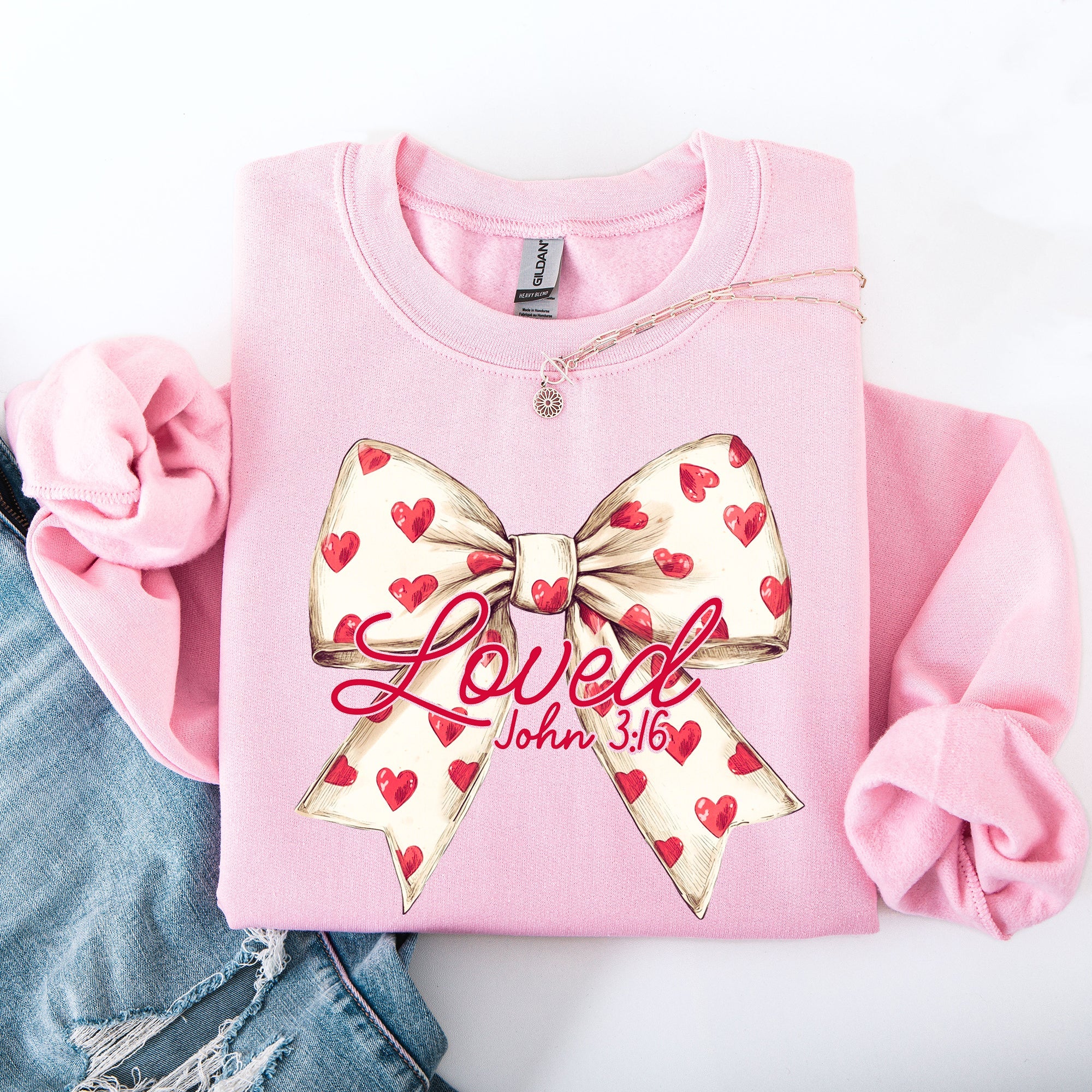 Loved John 3:16 Valentine's Day Hearts Ribbon Bow Christian Faith Bible Verse Inspired Sweatshirt