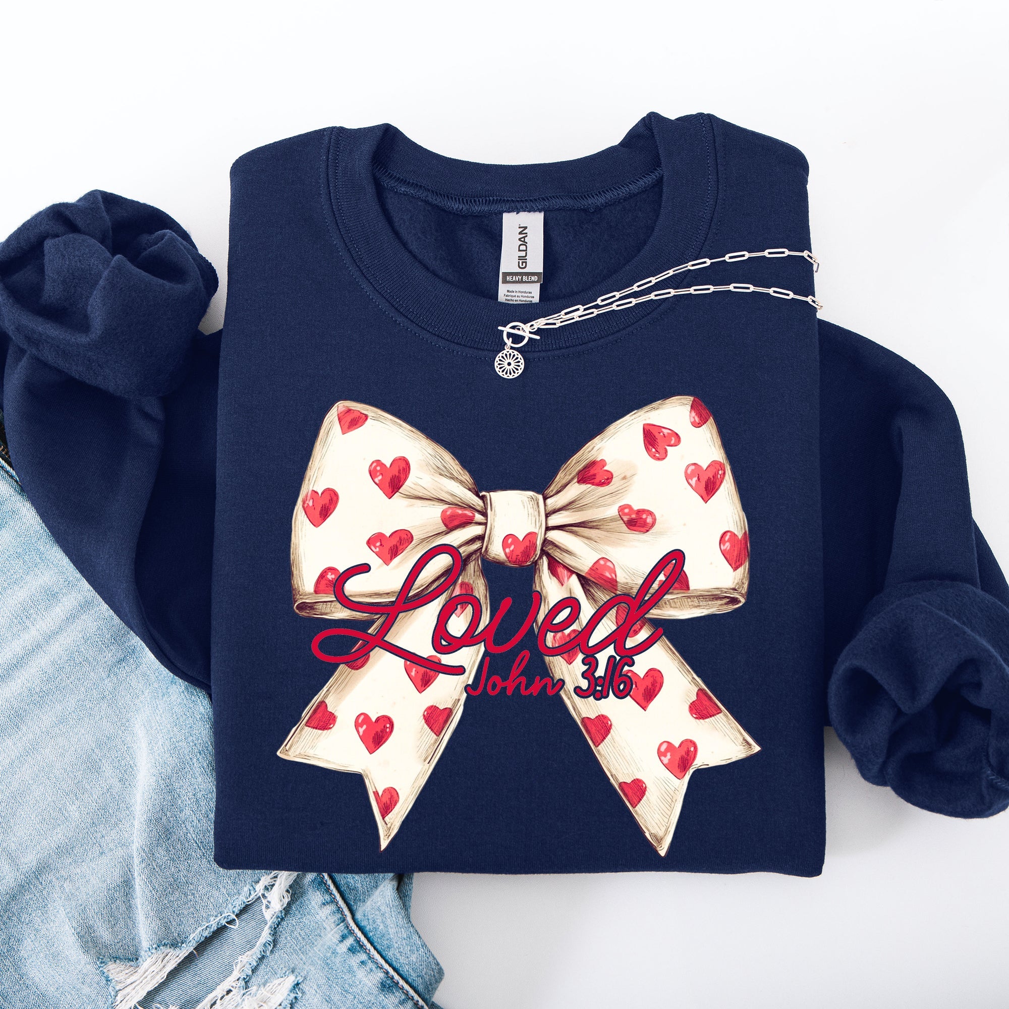 Loved John 3:16 Valentine's Day Hearts Ribbon Bow Christian Faith Bible Verse Inspired Sweatshirt