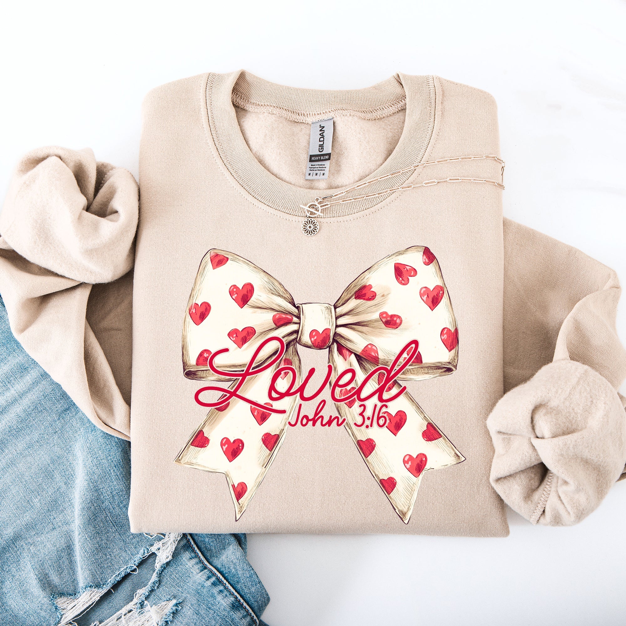 Loved John 3:16 Valentine's Day Hearts Ribbon Bow Christian Faith Bible Verse Inspired Sweatshirt