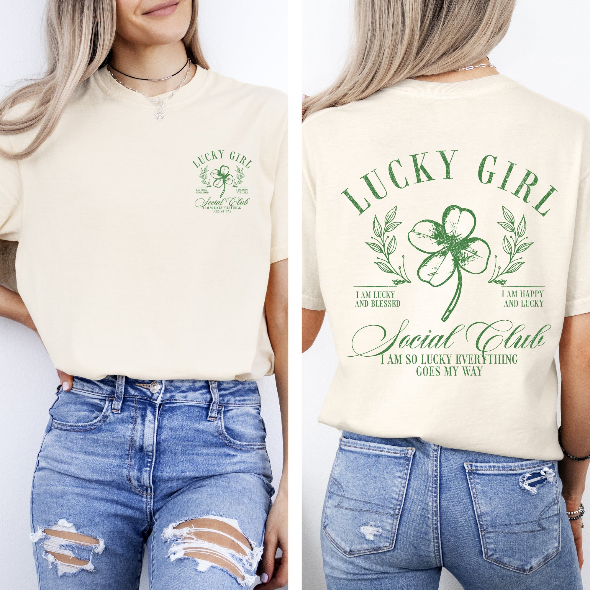 Lucky Girl Social Club St Patrick's Day Shamrock Clover Leprechaun Comfort Colors Tee
