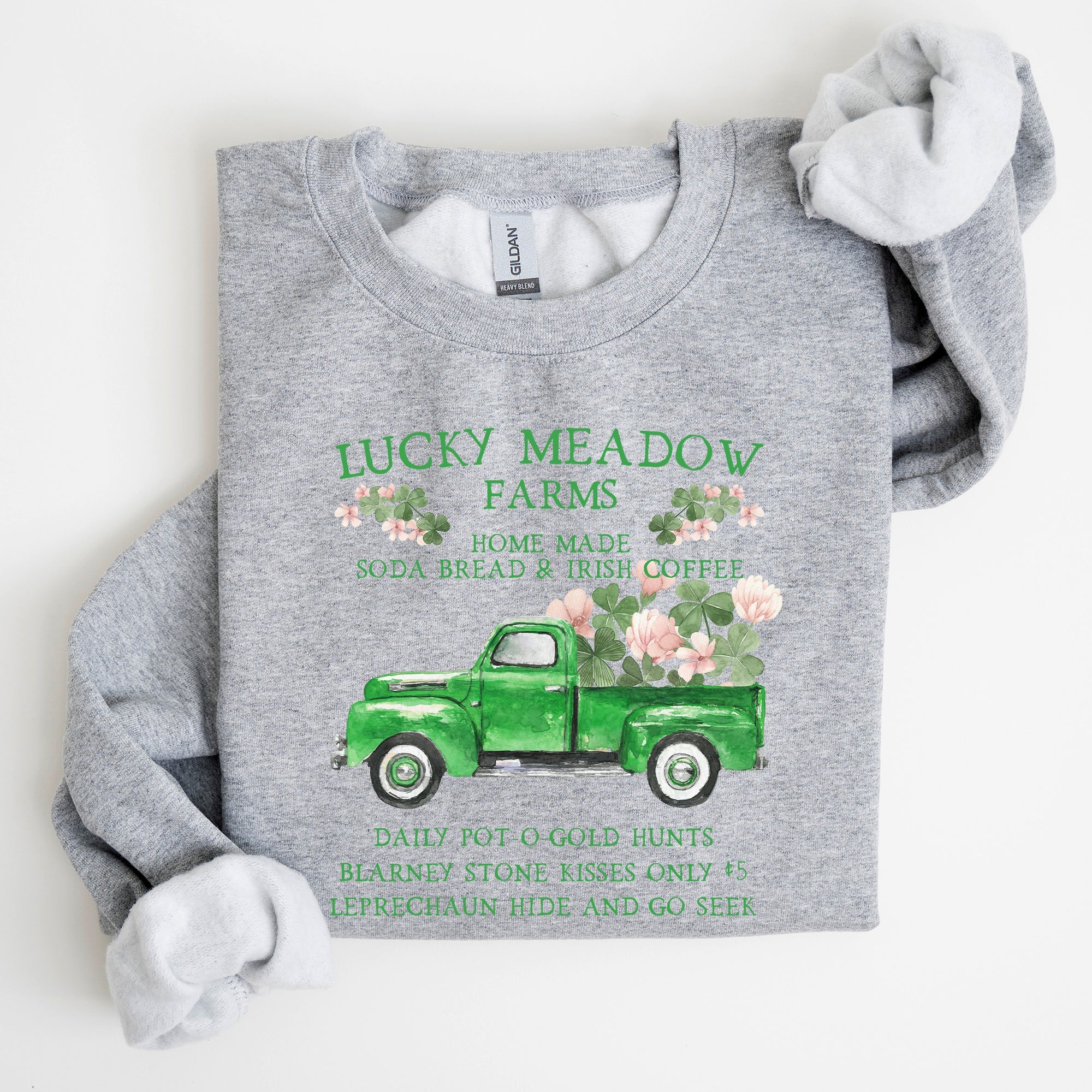 Lucky Meadow Farms St Patrick's Day Edition Shamrock Garden Sunset Design Cozy Premium Cotton Graphic Sweatshirt