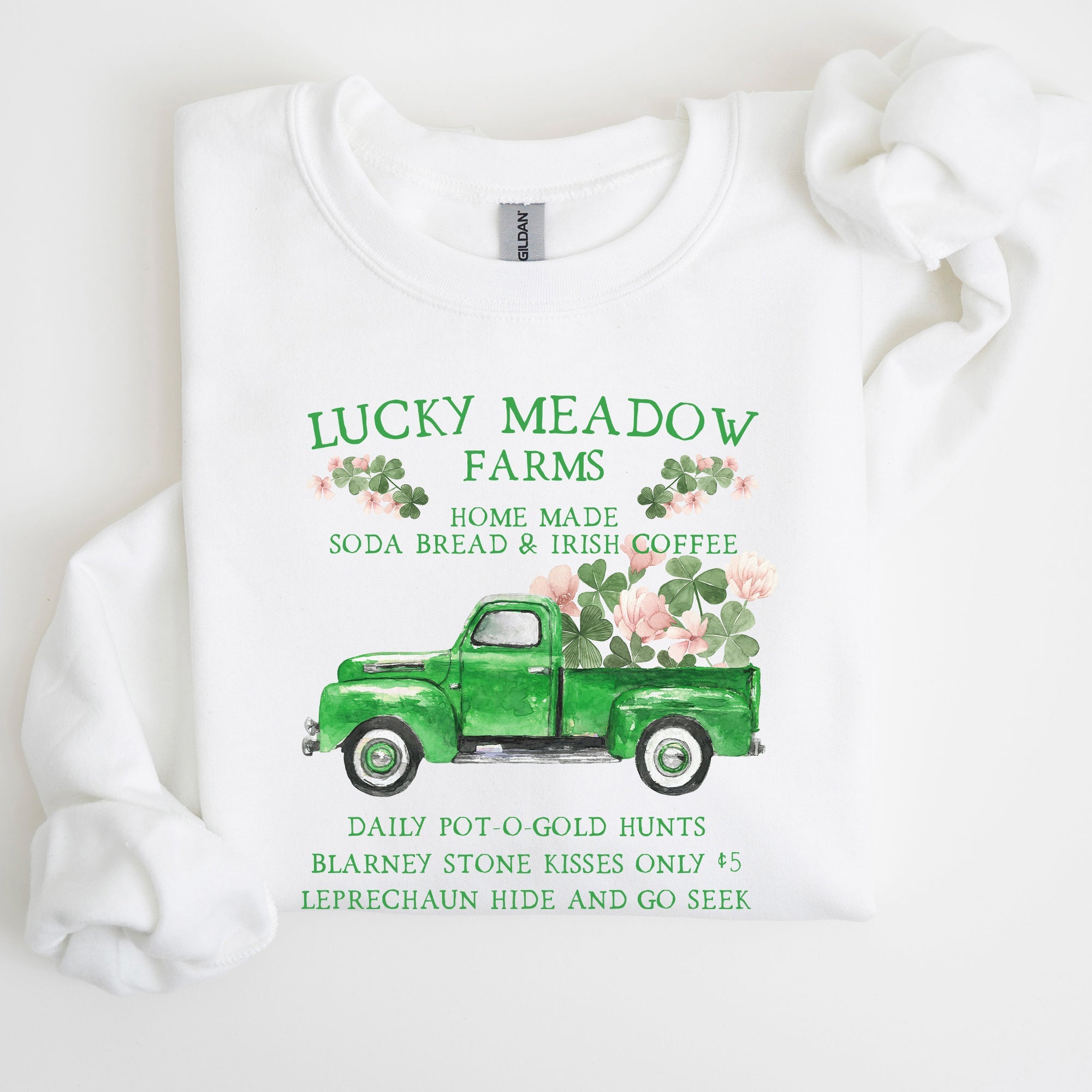 Lucky Meadow Farms St Patrick's Day Edition Shamrock Garden Sunset Design Cozy Premium Cotton Graphic Sweatshirt