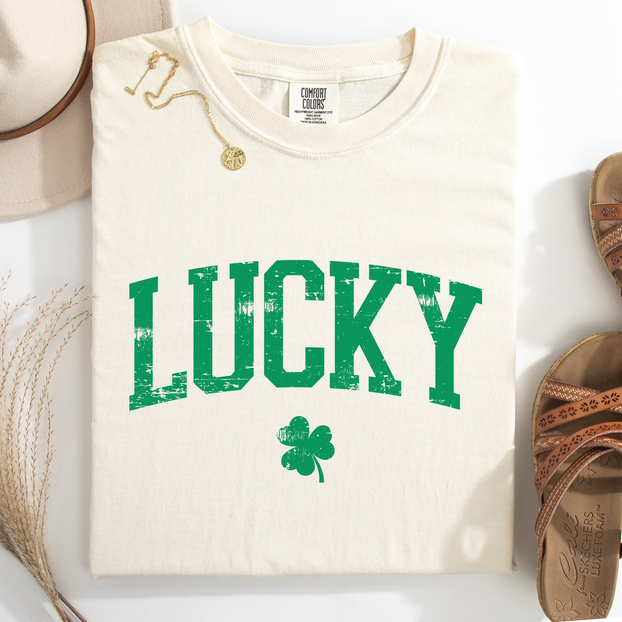 Lucky Leprechaun Shamrock Clover St Patrick's Day Collegiate Varsity Comfort Colors Tee