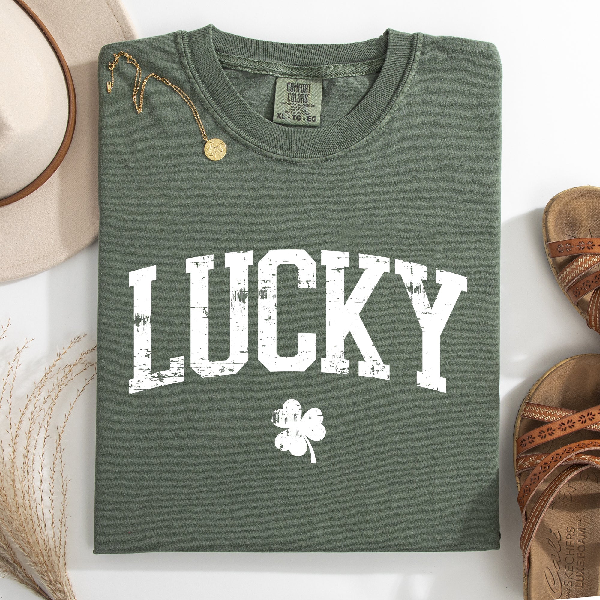Lucky Leprechaun Shamrock Clover St Patrick's Day Collegiate Varsity Comfort Colors Tee