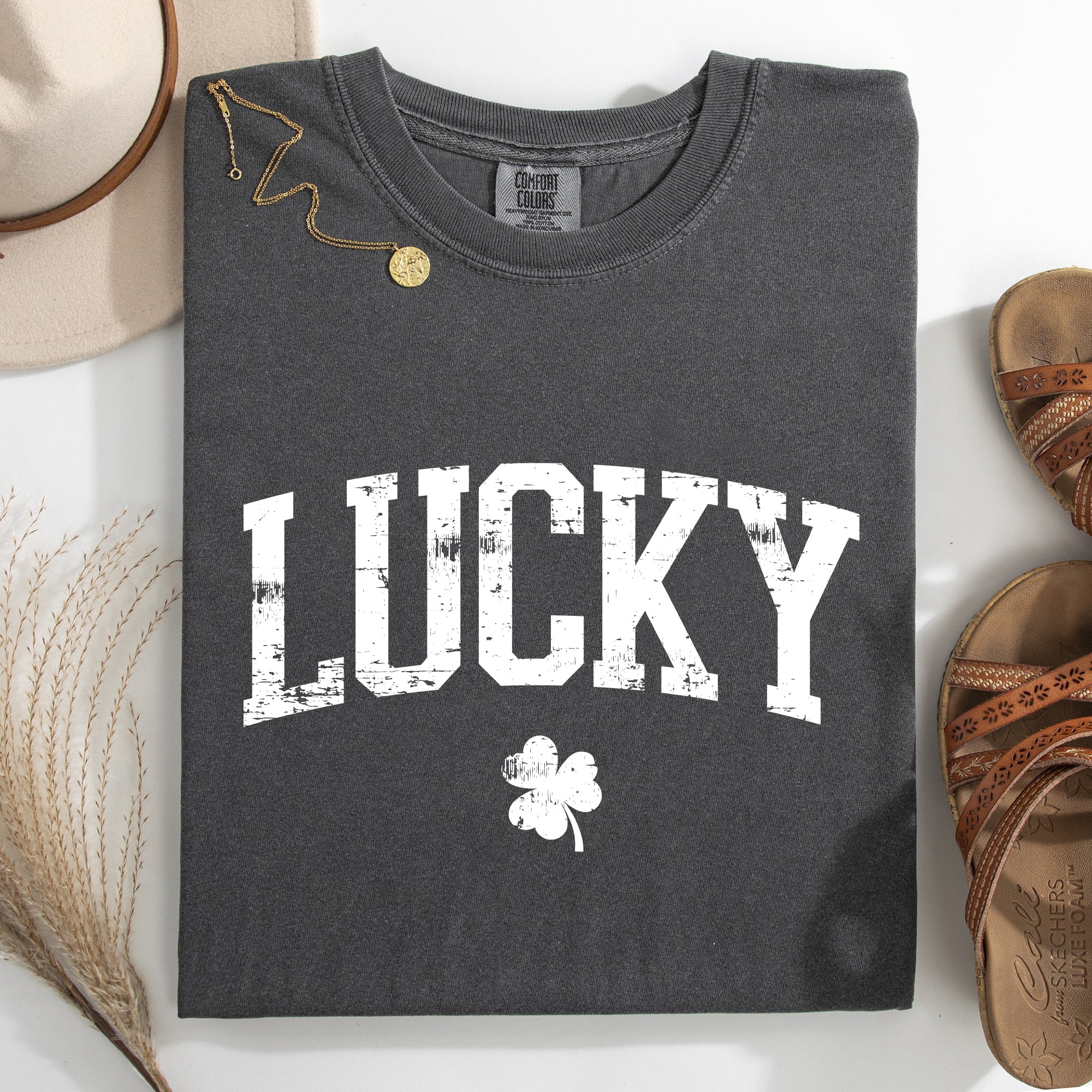 Lucky Leprechaun Shamrock Clover St Patrick's Day Collegiate Varsity Comfort Colors Tee