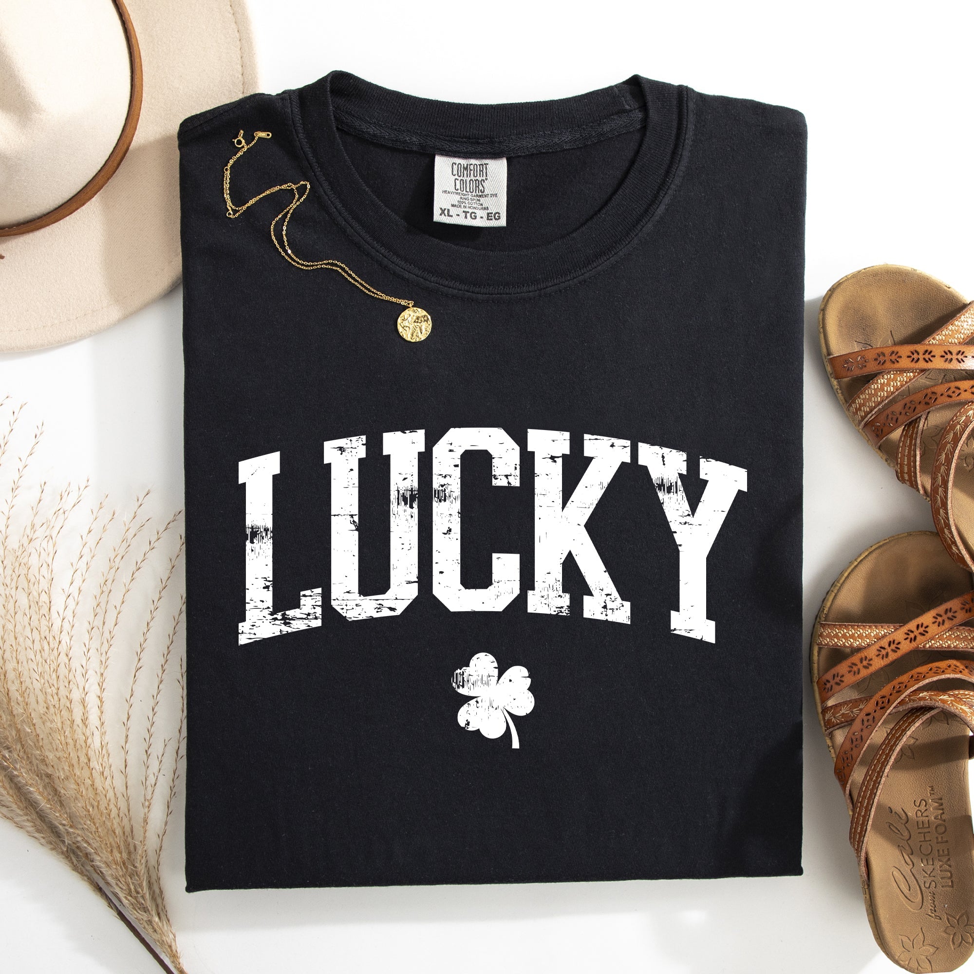 Lucky Leprechaun Shamrock Clover St Patrick's Day Collegiate Varsity Comfort Colors Tee