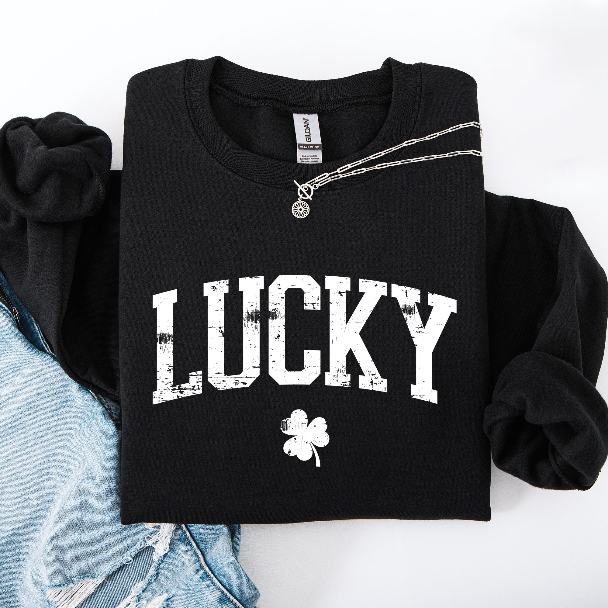 Lucky Collegiate Varsity Shamrock Leprechaun Clover St Patrick's Day Edition Sweatshirt