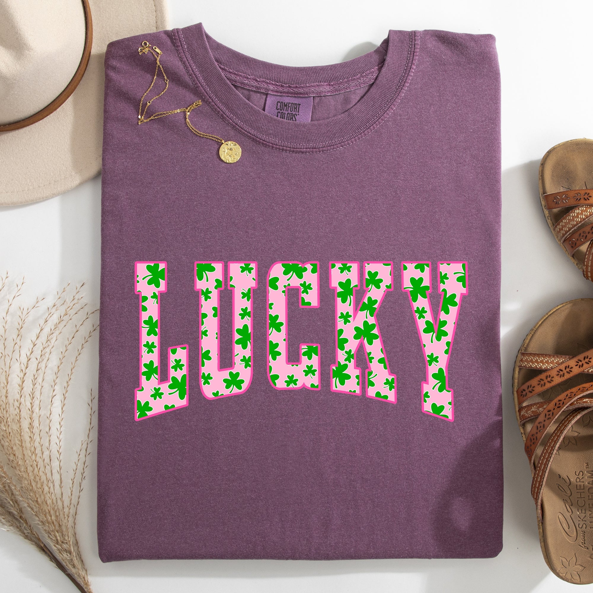 Lucky Collegiate Varsity Vintage St Patrick's Day Shamrock Clover Leprechaun Comfort Colors Tee