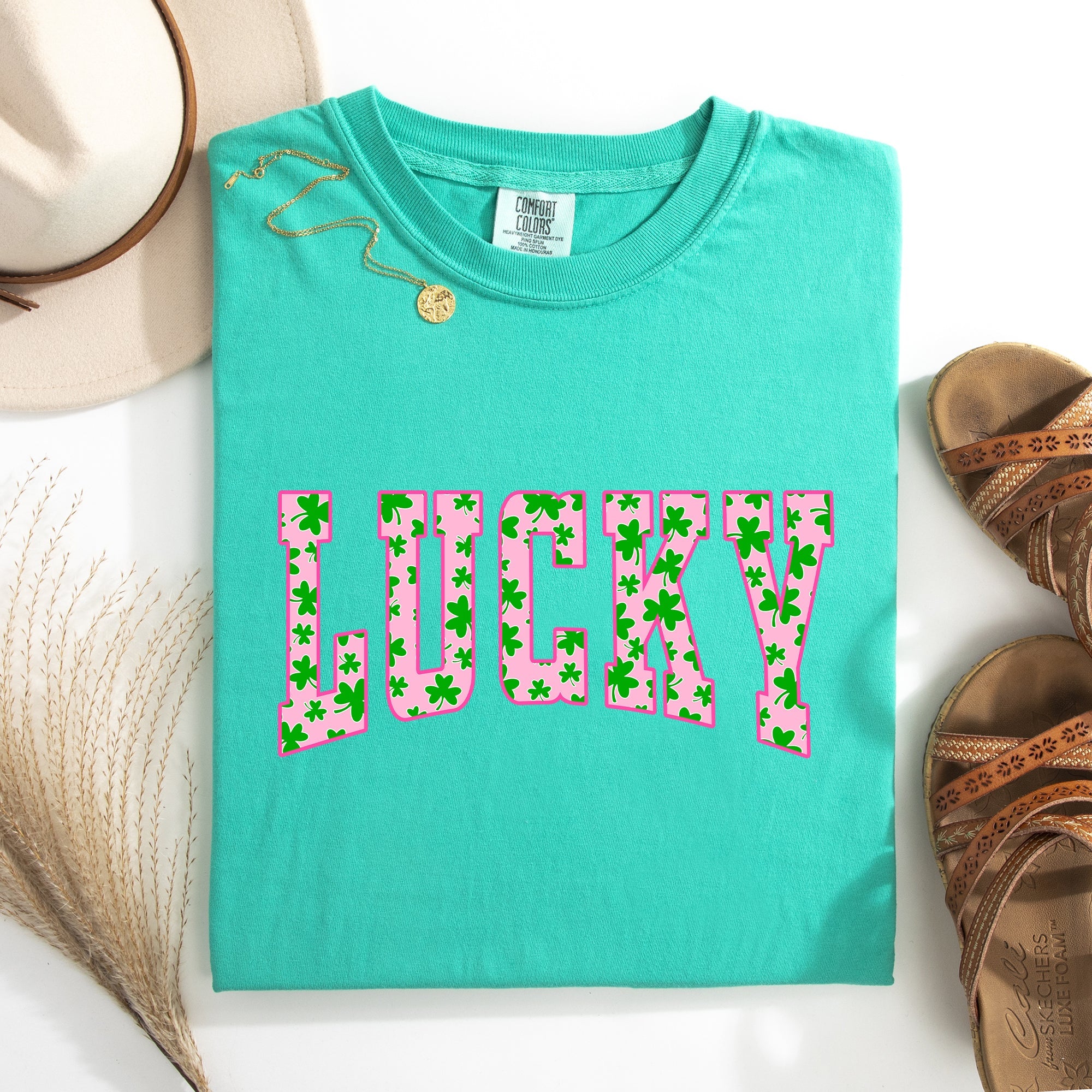 Lucky Collegiate Varsity Vintage St Patrick's Day Shamrock Clover Leprechaun Comfort Colors Tee