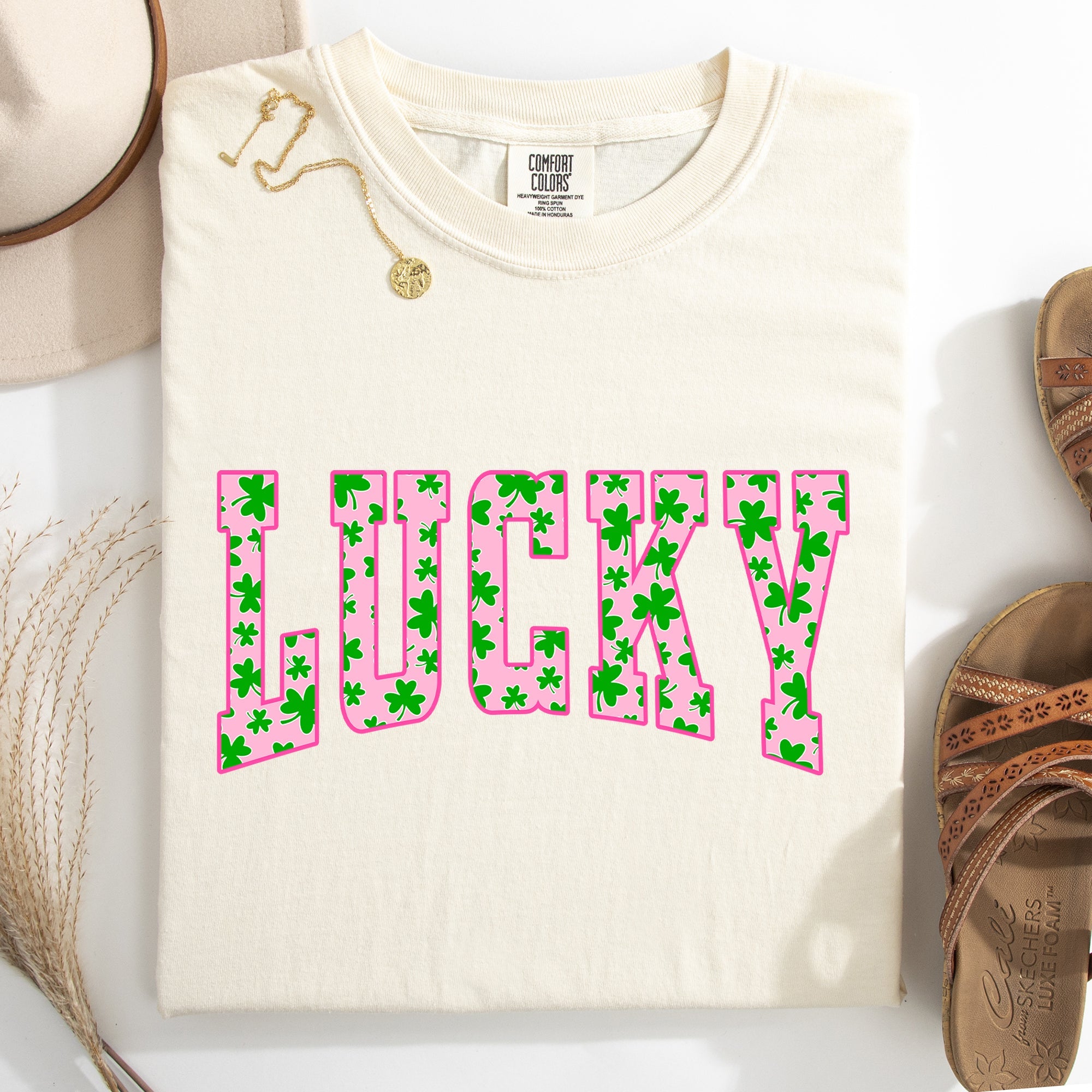 Lucky Collegiate Varsity Vintage St Patrick's Day Shamrock Clover Leprechaun Comfort Colors Tee