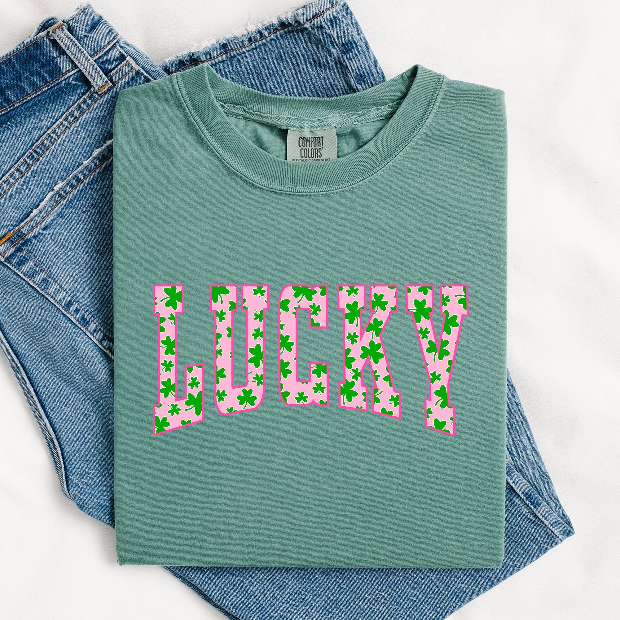 Lucky Collegiate Varsity Vintage St Patrick's Day Shamrock Clover Leprechaun Comfort Colors Tee