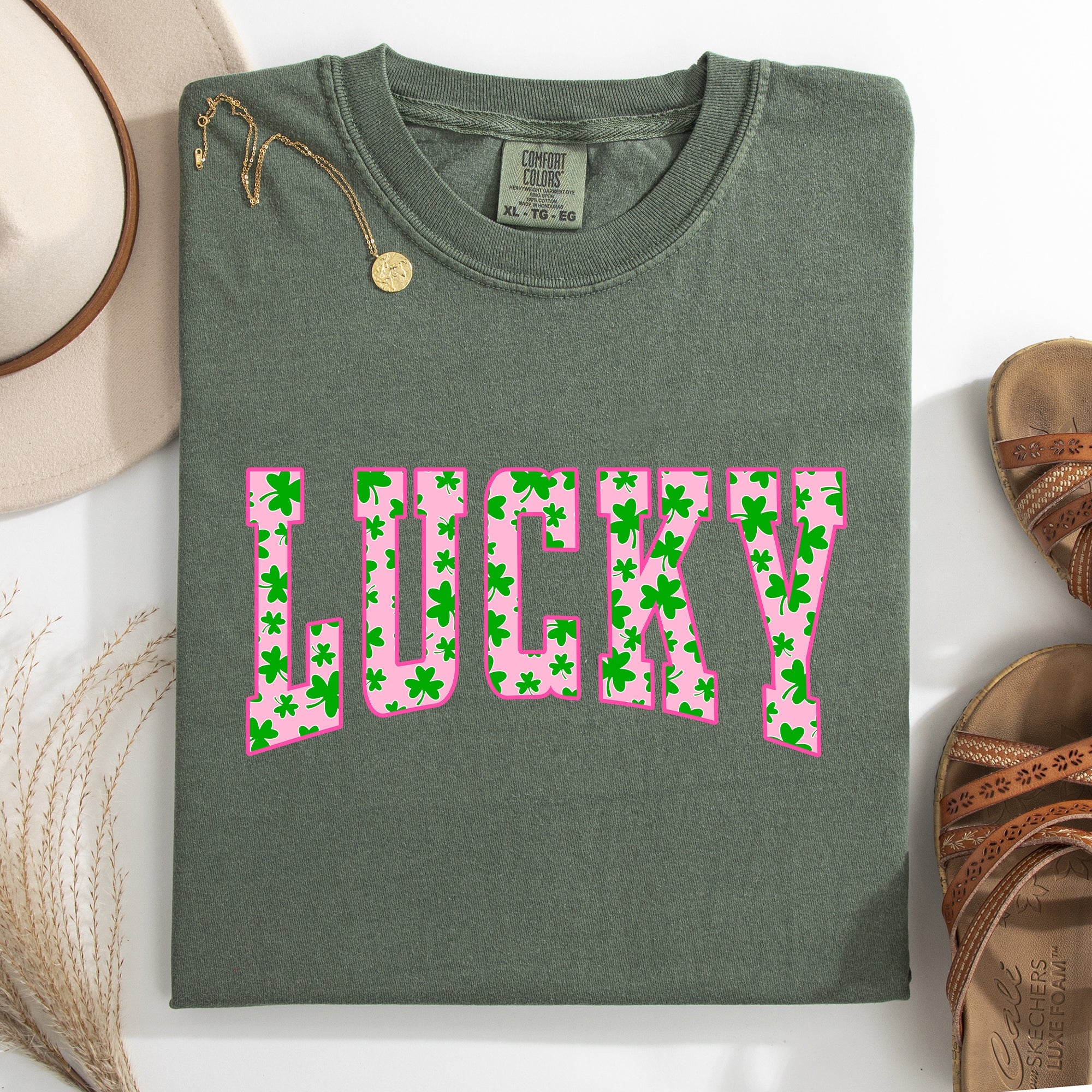 Lucky Collegiate Varsity Vintage St Patrick's Day Shamrock Clover Leprechaun Comfort Colors Tee