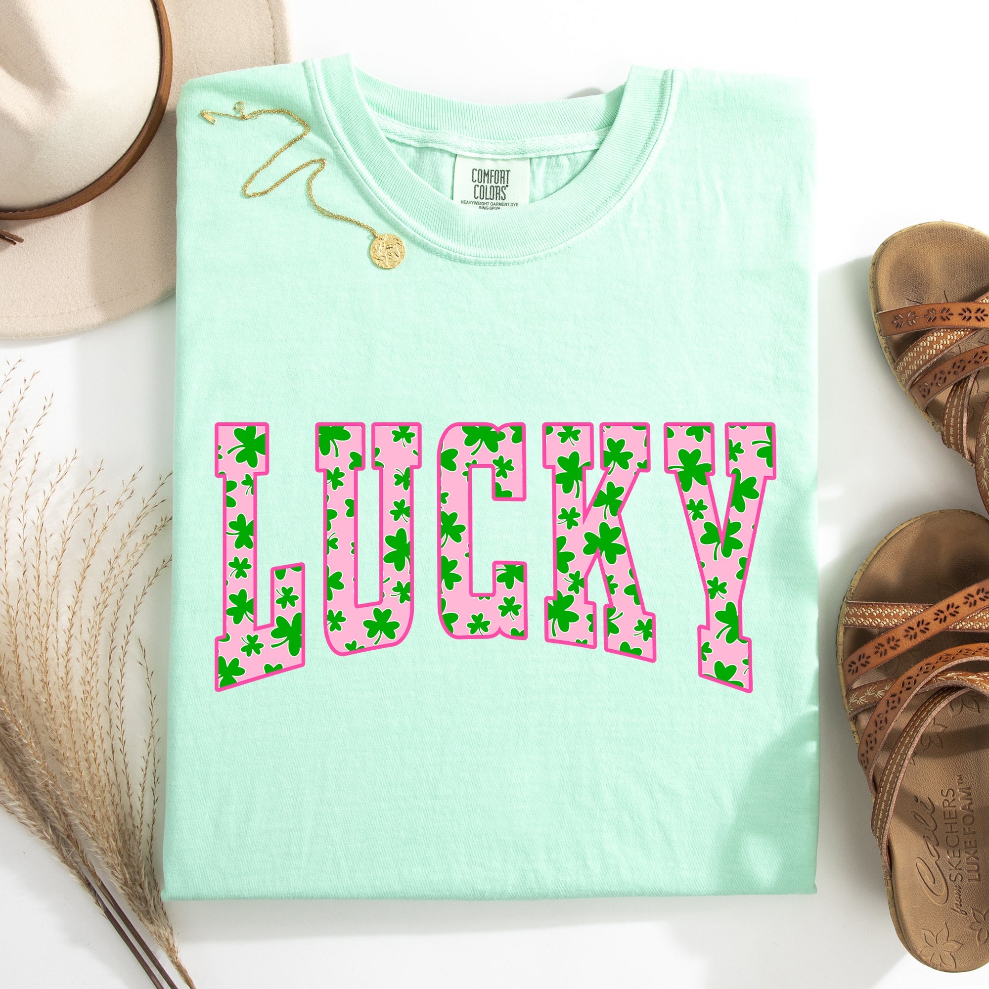 Lucky Collegiate Varsity Vintage St Patrick's Day Shamrock Clover Leprechaun Comfort Colors Tee