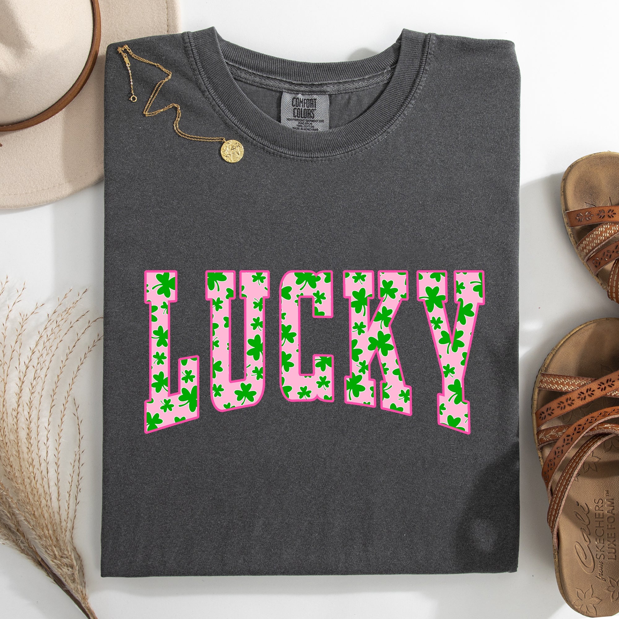 Lucky Collegiate Varsity Vintage St Patrick's Day Shamrock Clover Leprechaun Comfort Colors Tee