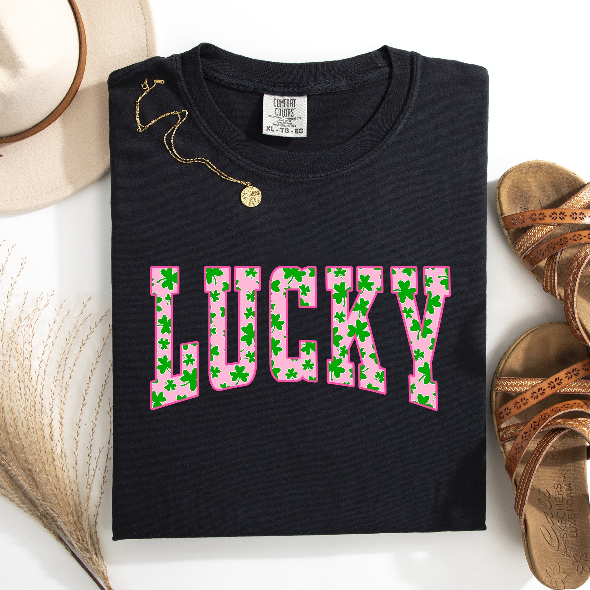 Lucky Collegiate Varsity Vintage St Patrick's Day Shamrock Clover Leprechaun Comfort Colors Tee