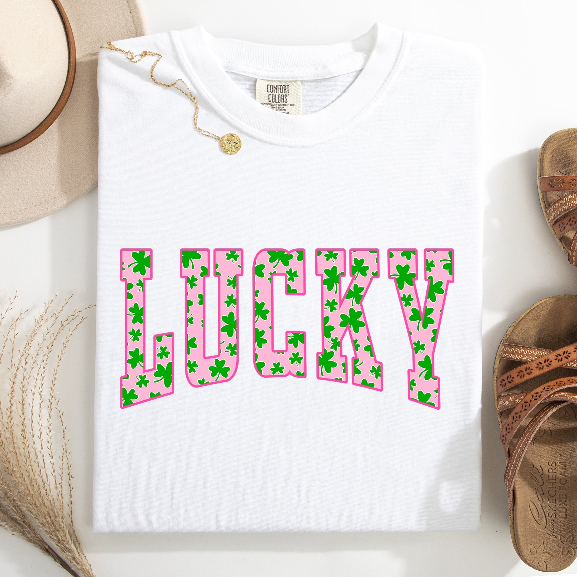Lucky Collegiate Varsity Vintage St Patrick's Day Shamrock Clover Leprechaun Comfort Colors Tee