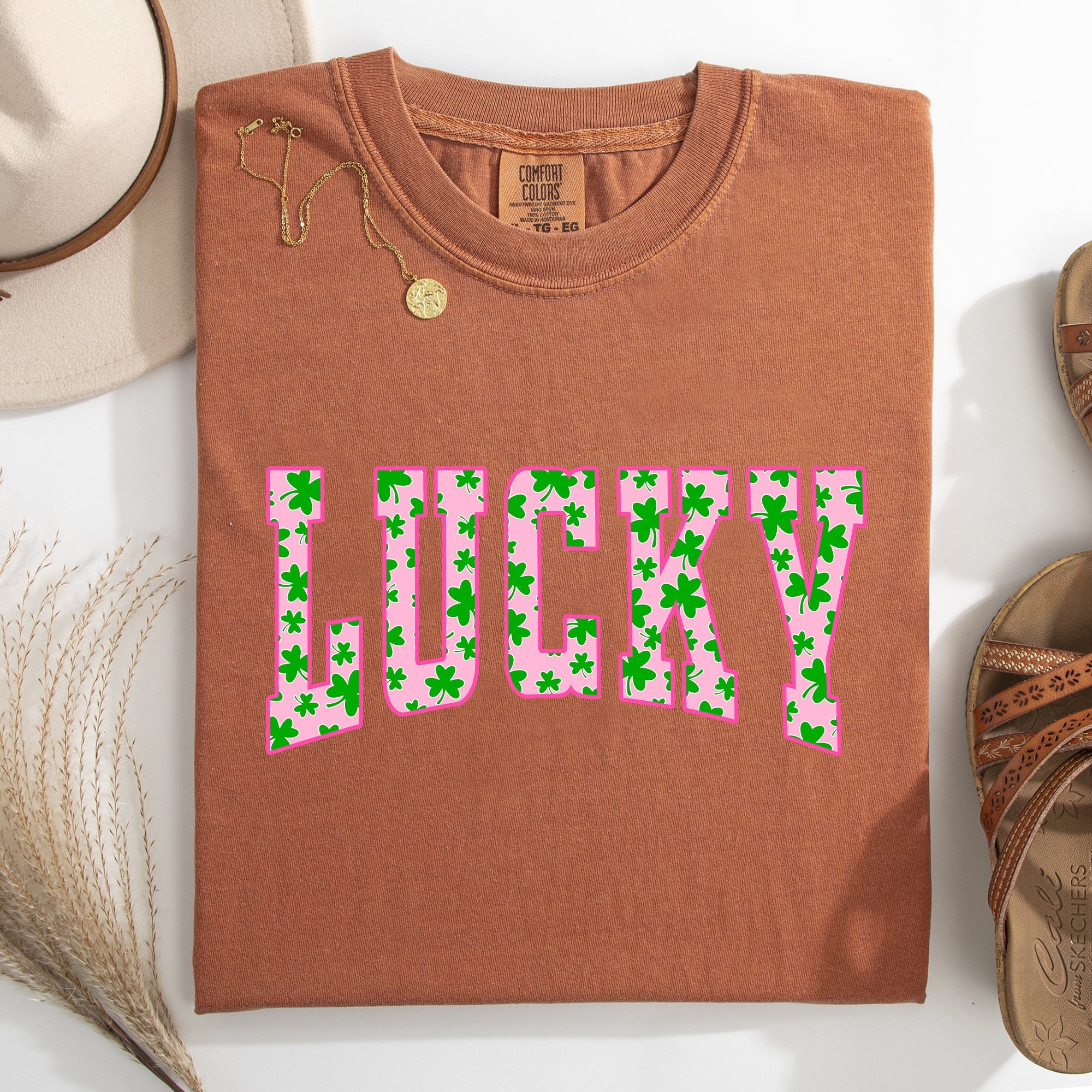 Lucky Collegiate Varsity Vintage St Patrick's Day Shamrock Clover Leprechaun Comfort Colors Tee