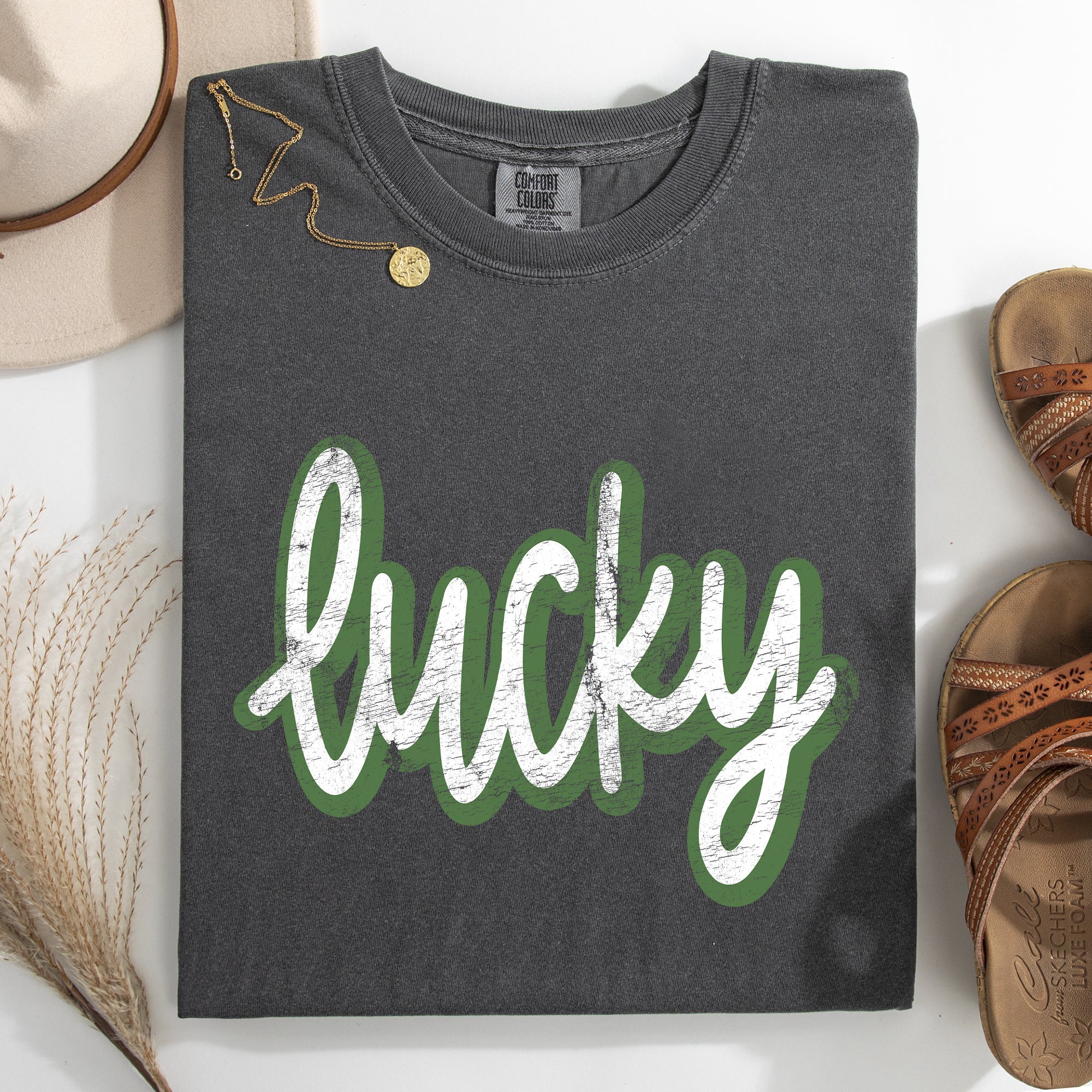 Lucky Leprechaun Vintage Cursive St Patrick's Day Shamrock Clover Comfort Colors Tee