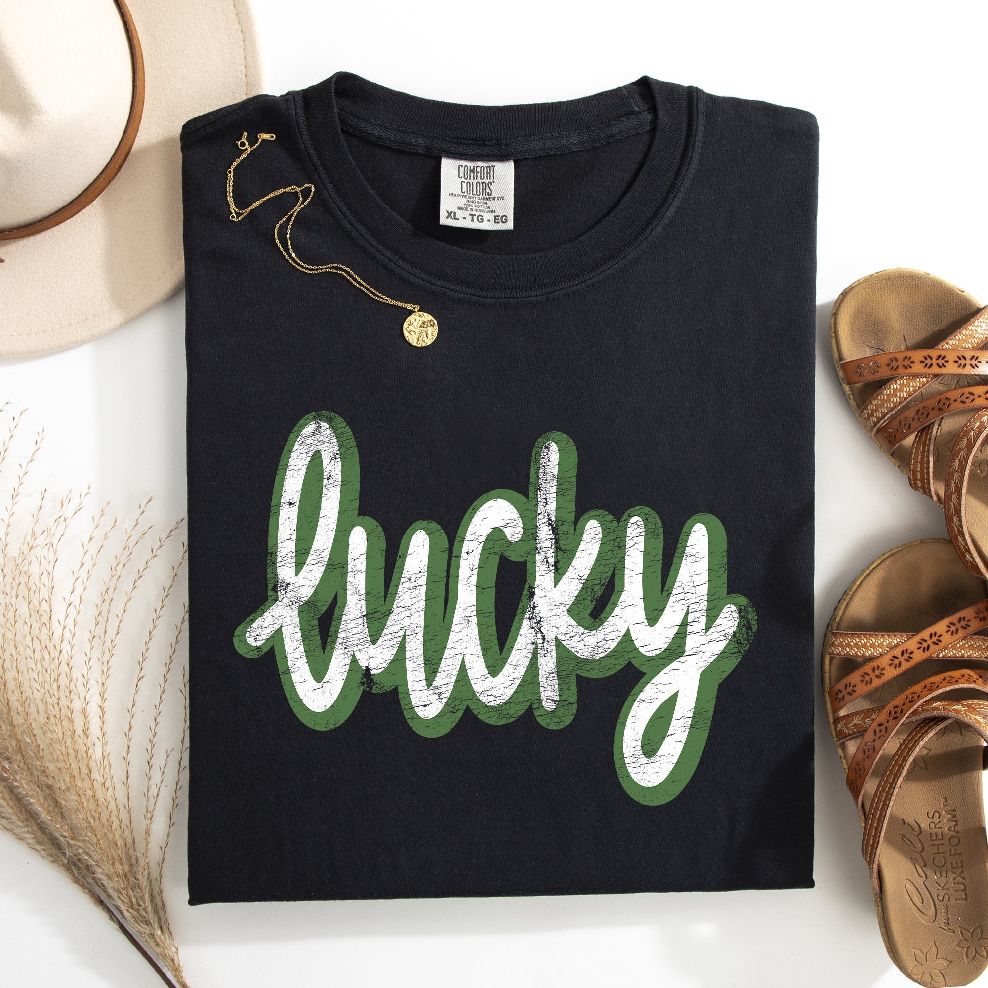 Lucky Leprechaun Vintage Cursive St Patrick's Day Shamrock Clover Comfort Colors Tee