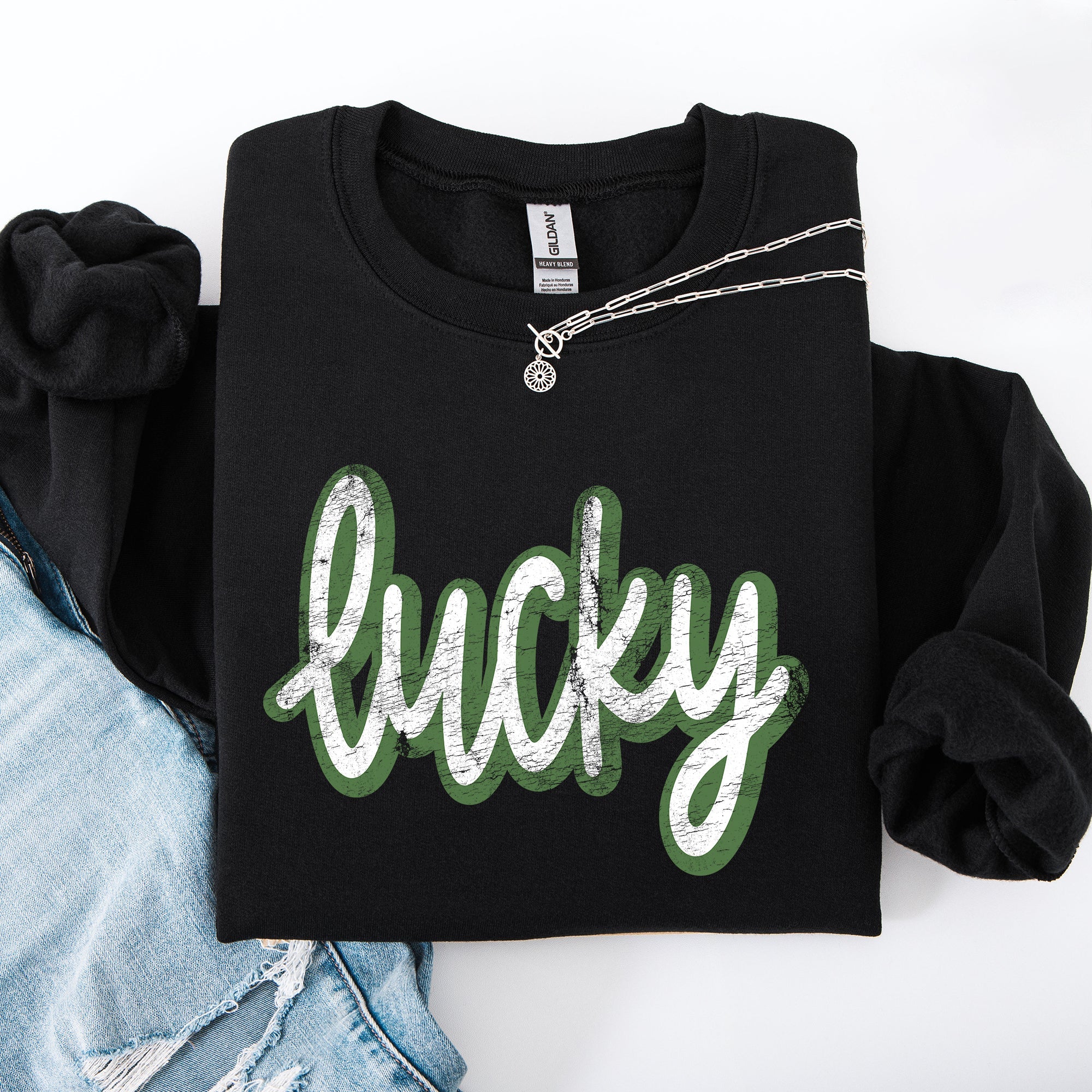 Lucky Cursive Vintage St Patrick's Day Shamrock Clover Leprechaun Graphic Sweatshirt