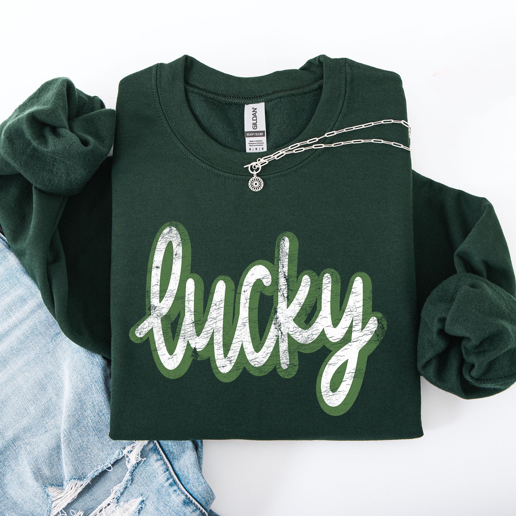 Lucky Cursive Vintage St Patrick's Day Shamrock Clover Leprechaun Graphic Sweatshirt
