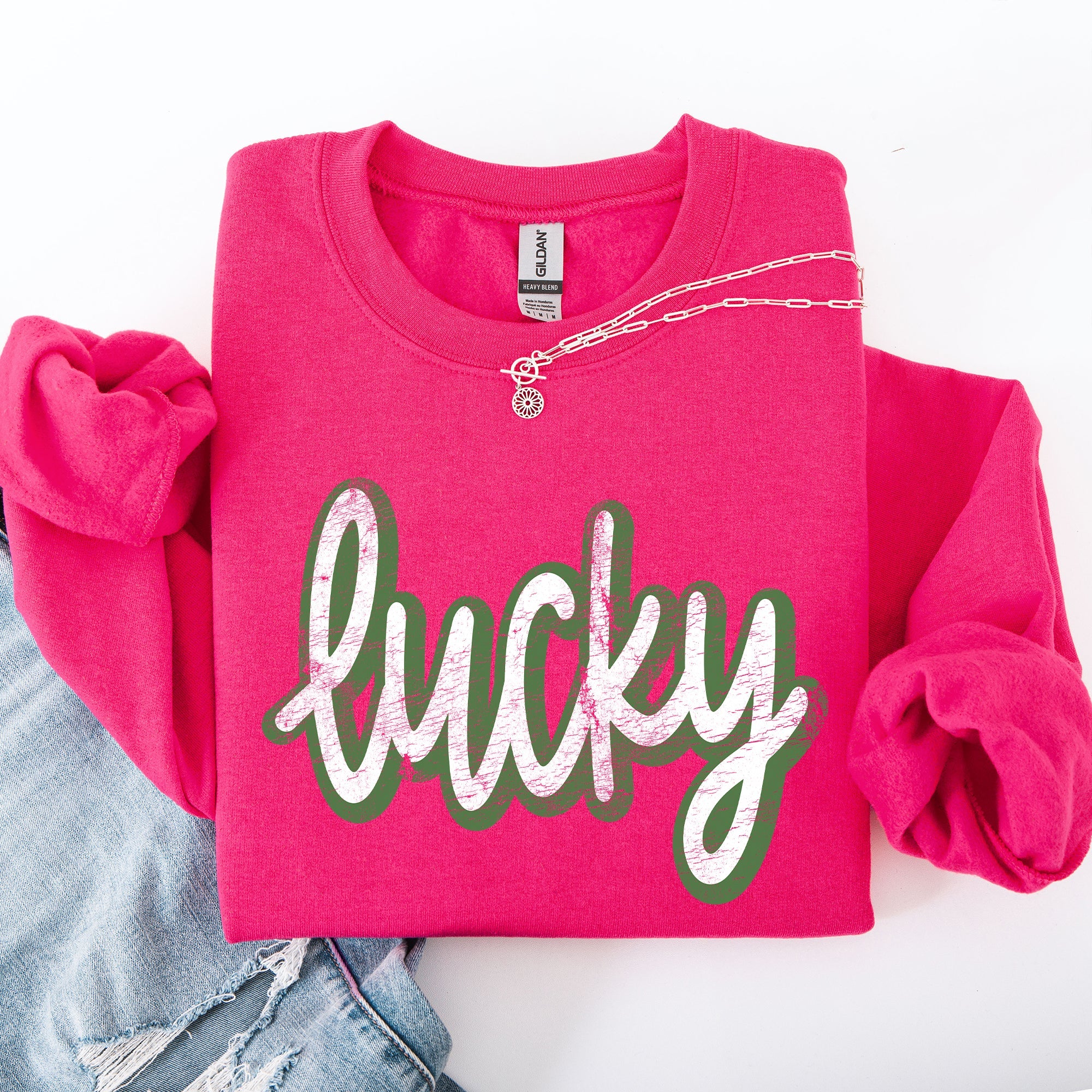 Lucky Cursive Vintage St Patrick's Day Shamrock Clover Leprechaun Graphic Sweatshirt