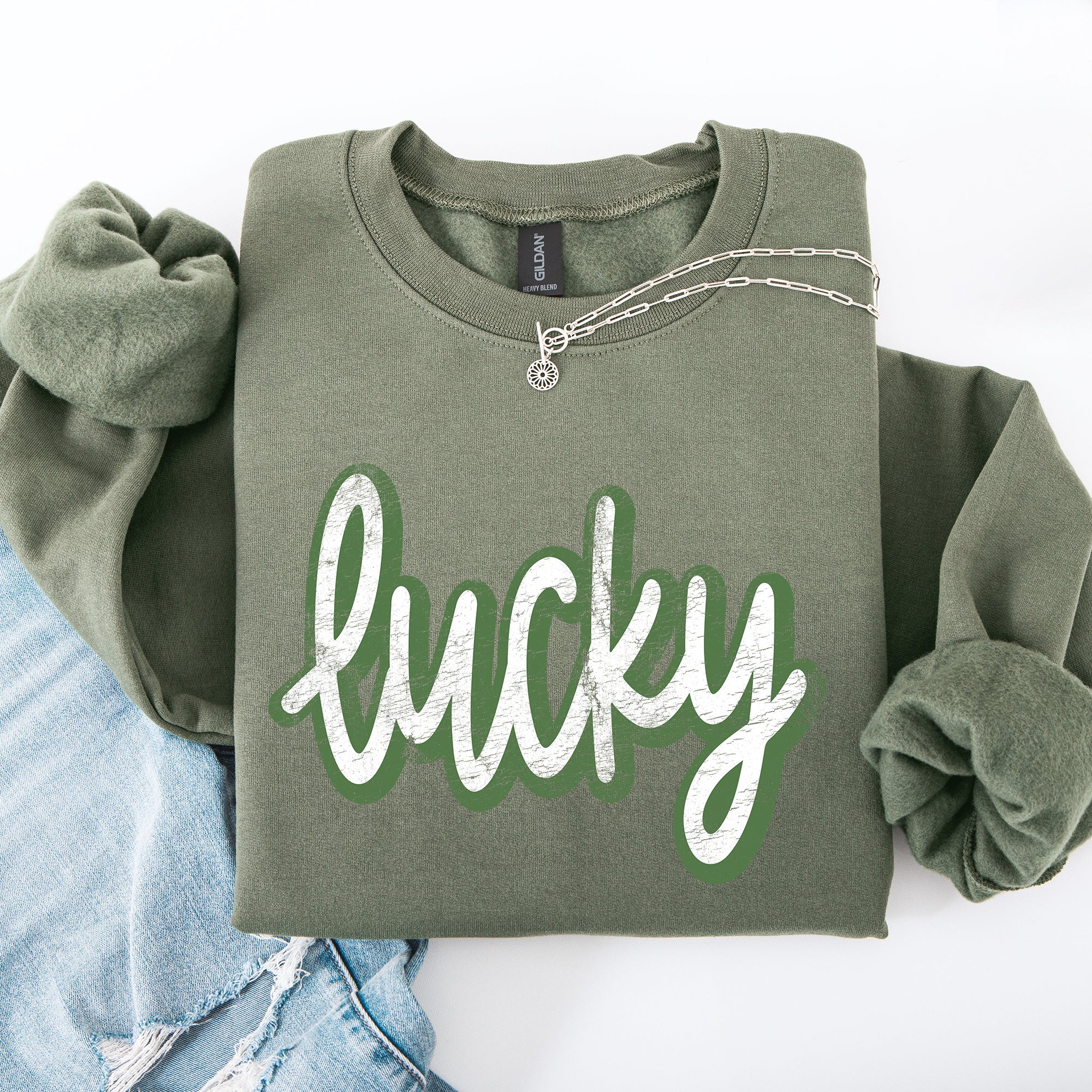 Lucky Cursive Vintage St Patrick's Day Shamrock Clover Leprechaun Graphic Sweatshirt