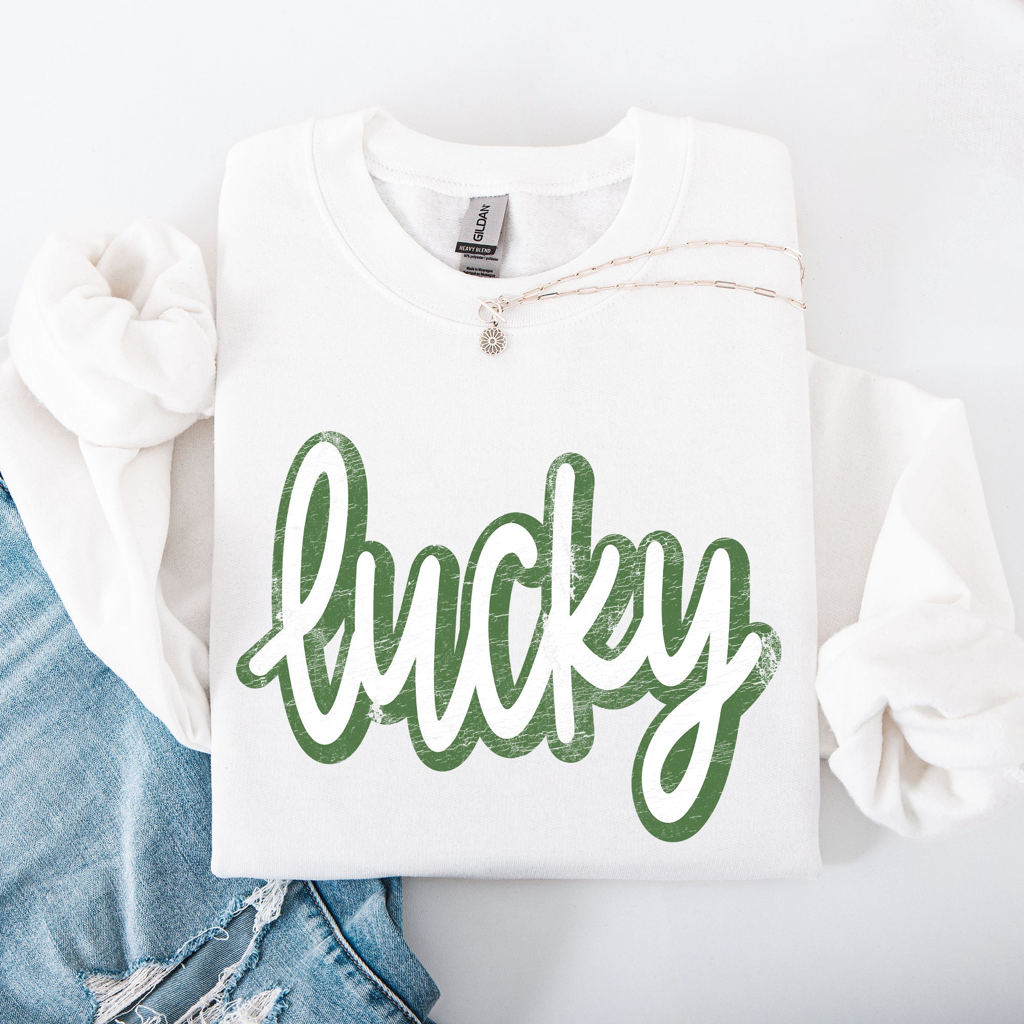 Lucky Cursive Vintage St Patrick's Day Shamrock Clover Leprechaun Graphic Sweatshirt