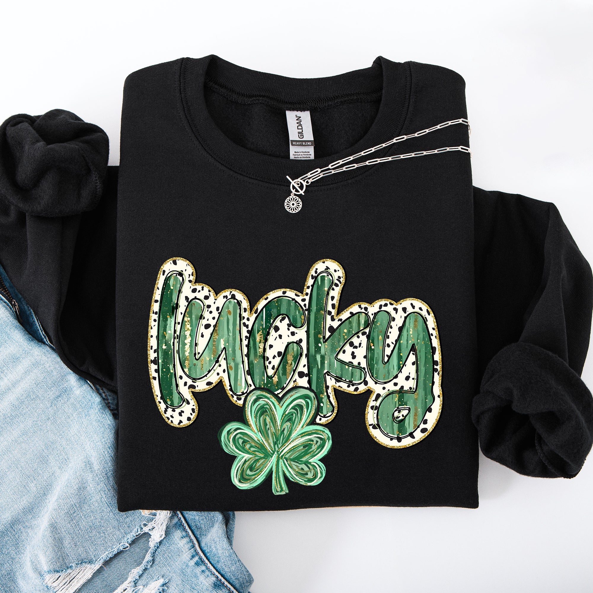 Lucky Dalmatian Print Leprechaun Shamrock Clover St Patrick's Day Festive Sweatshirt