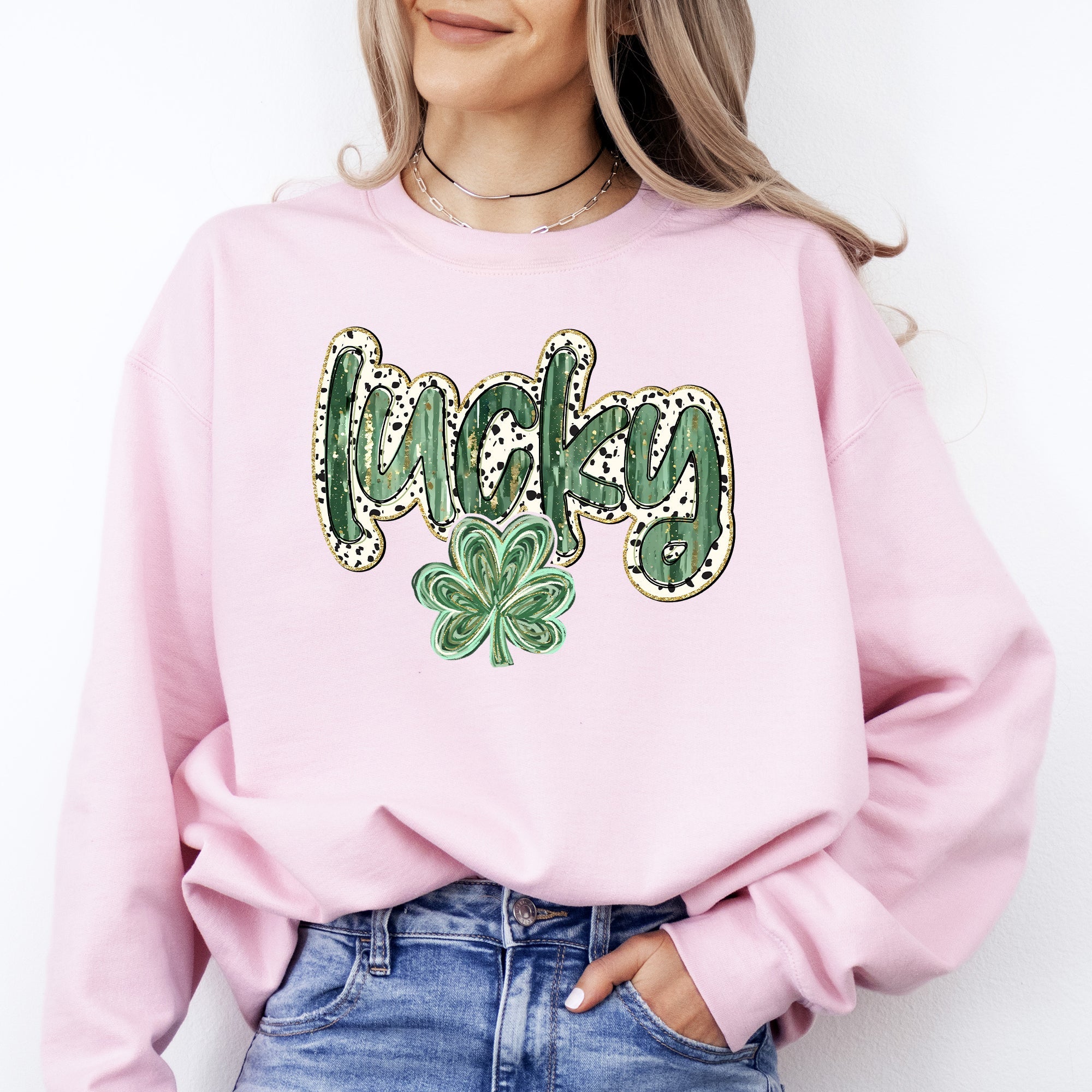 Lucky Dalmatian Print Leprechaun Shamrock Clover St Patrick's Day Festive Sweatshirt