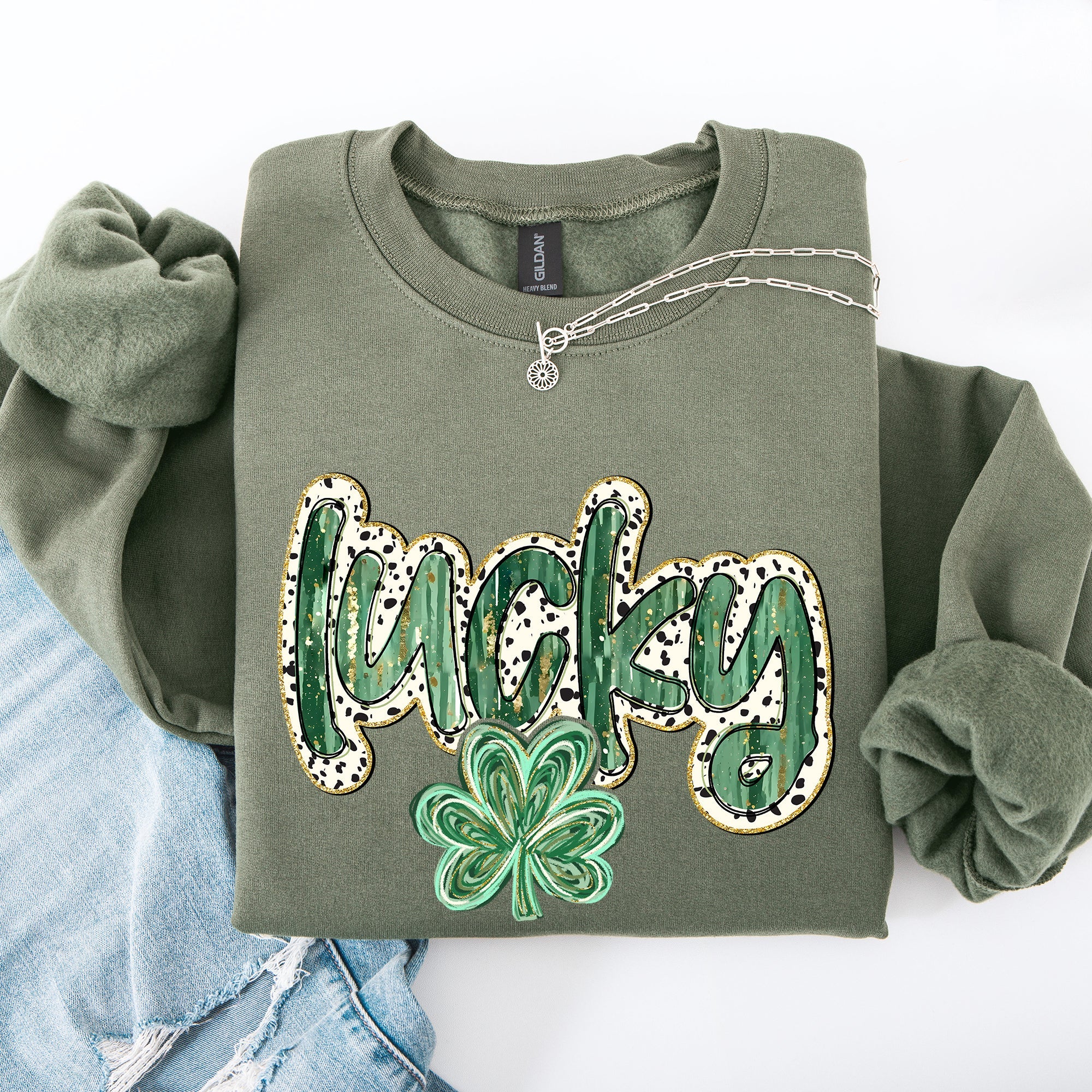 Lucky Dalmatian Print Leprechaun Shamrock Clover St Patrick's Day Festive Sweatshirt