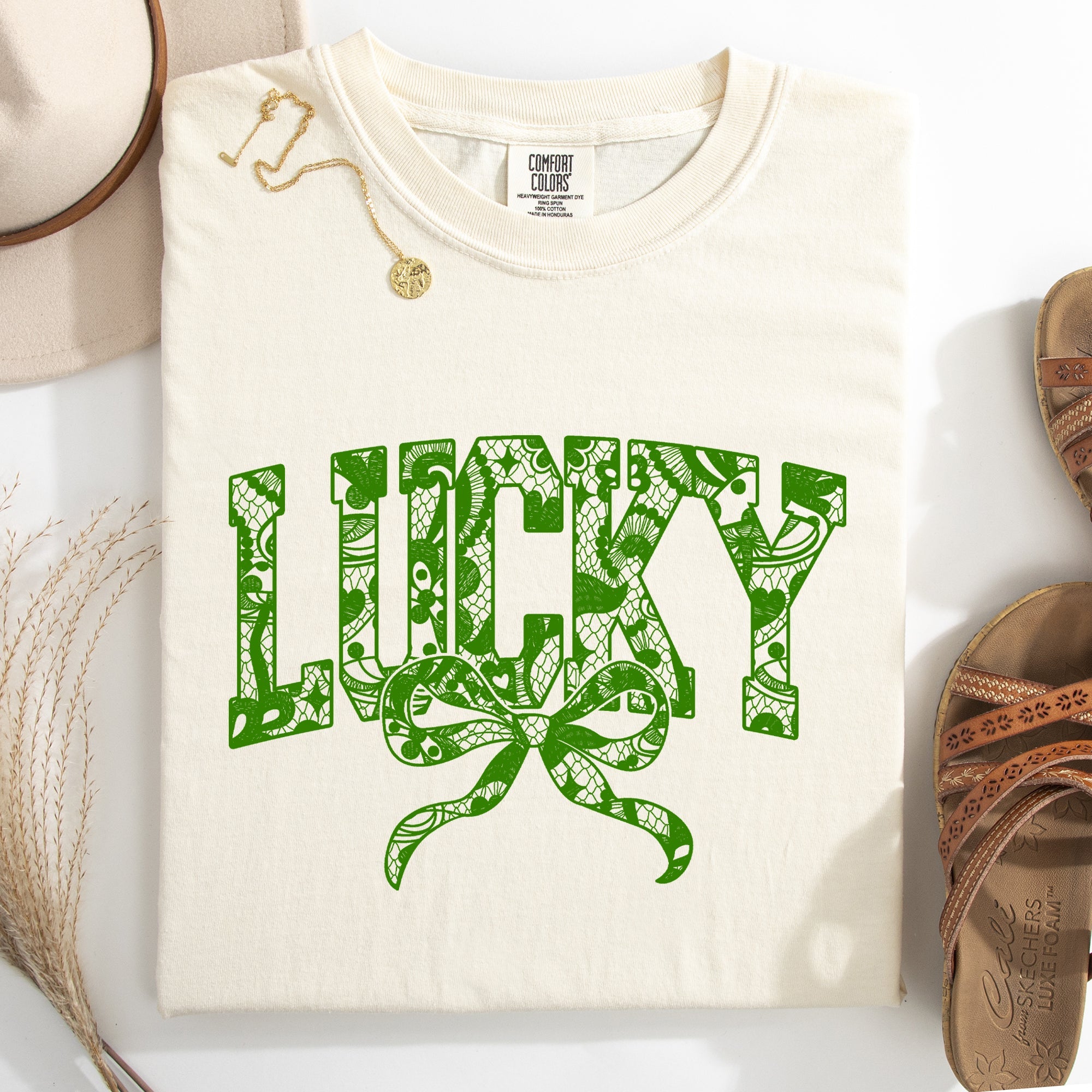 Lucky Lace Coquette Ribbon St Patrick's Day Shamrock Clover Leprechaun Comfort Colors Tee