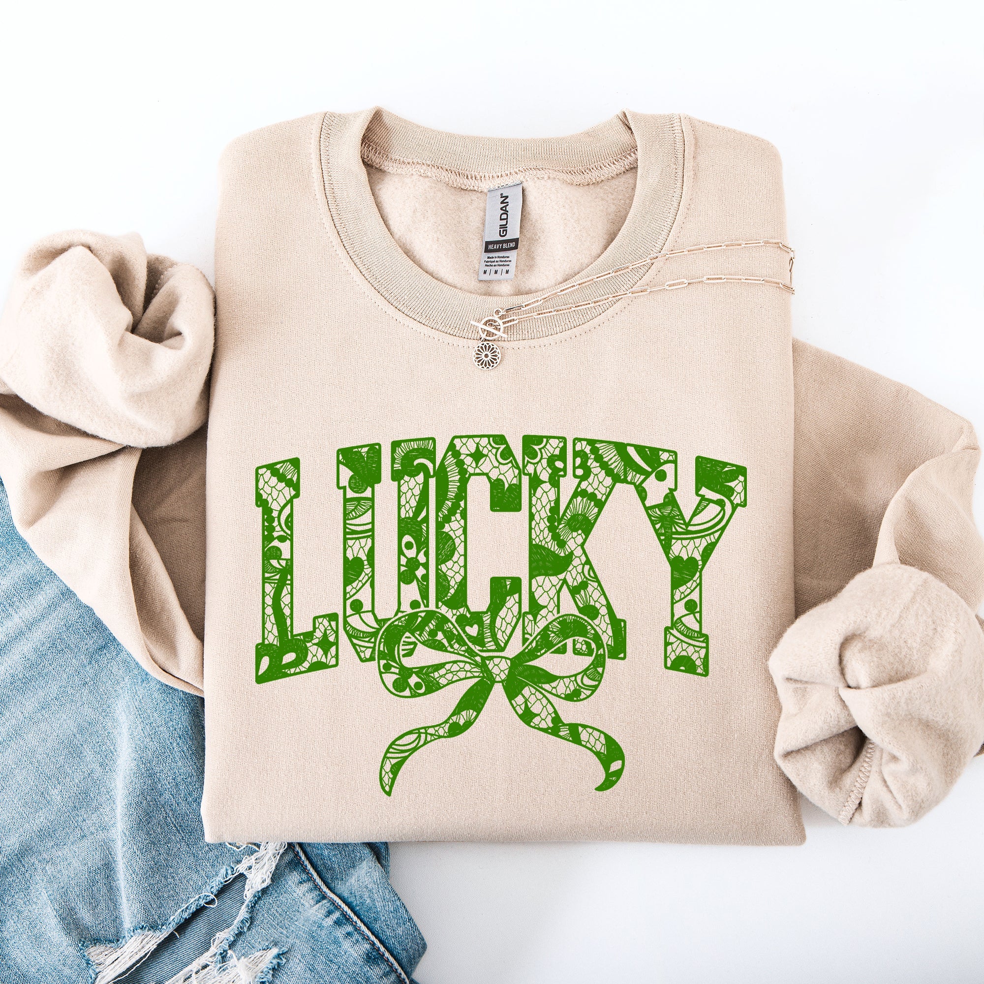 Lucky Lace Coquette Ribbon Leprechaun St Patrick's Day Shamrock Clover Sweatshirt