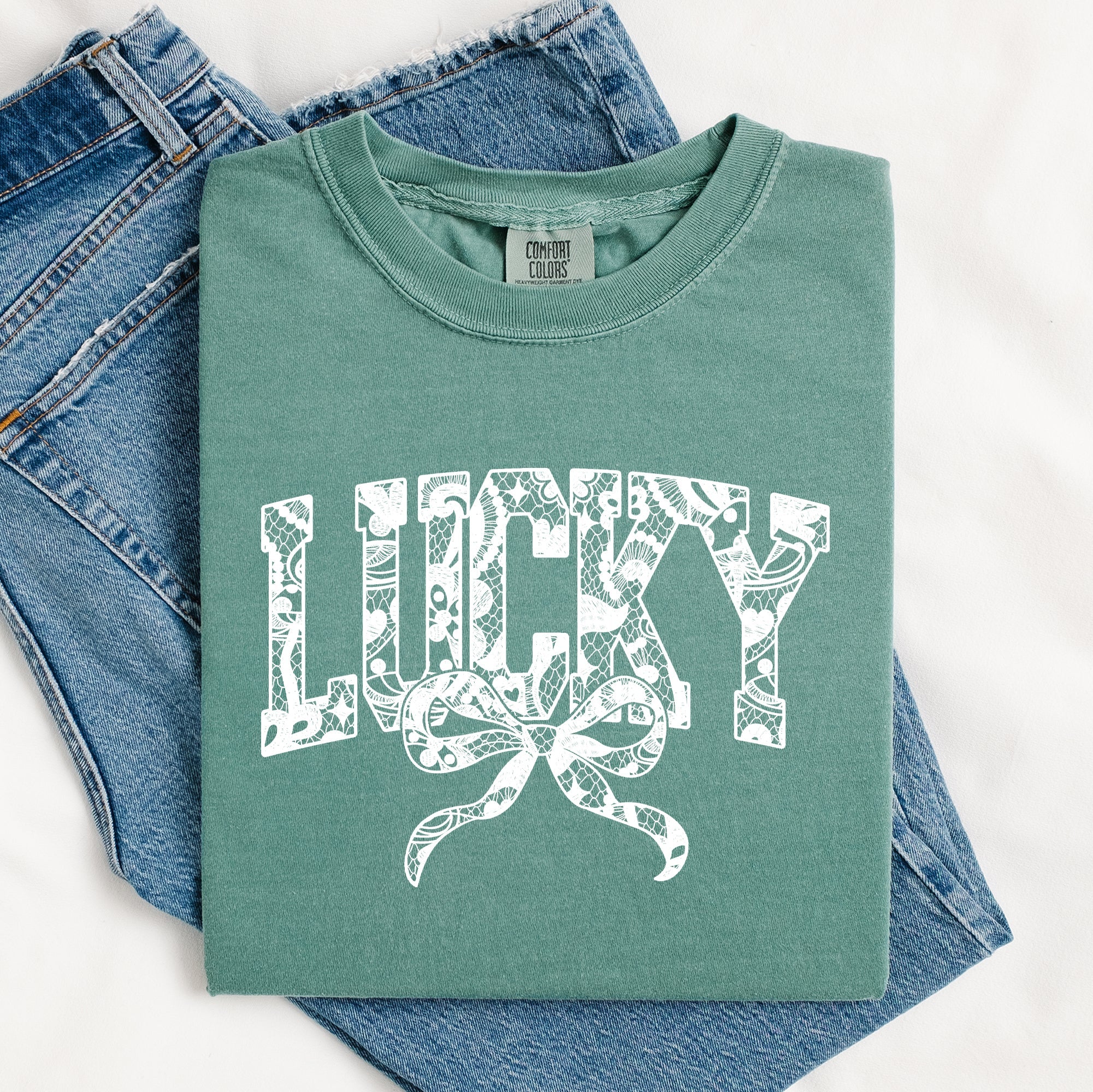 Lucky Lace Coquette Ribbon St Patrick's Day Shamrock Clover Leprechaun Comfort Colors Tee