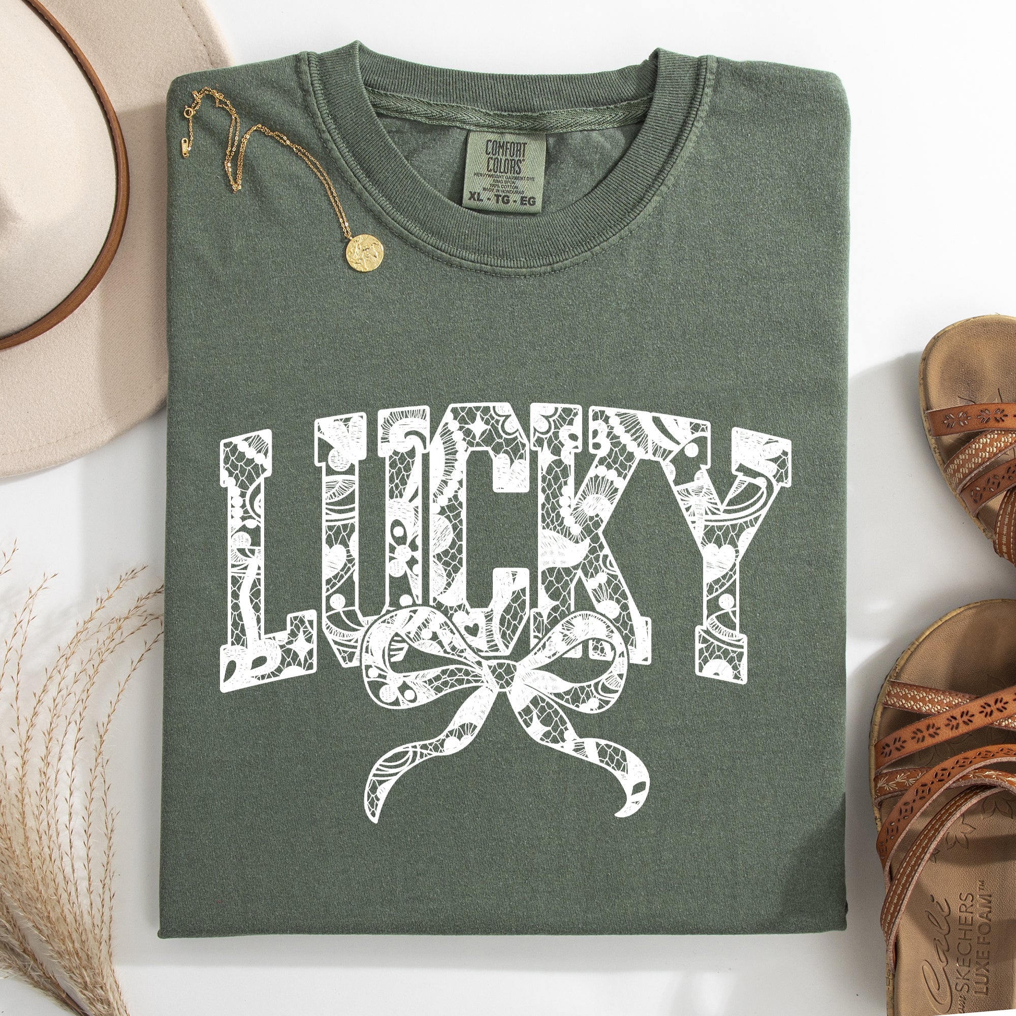 Lucky Lace Coquette Ribbon St Patrick's Day Shamrock Clover Leprechaun Comfort Colors Tee