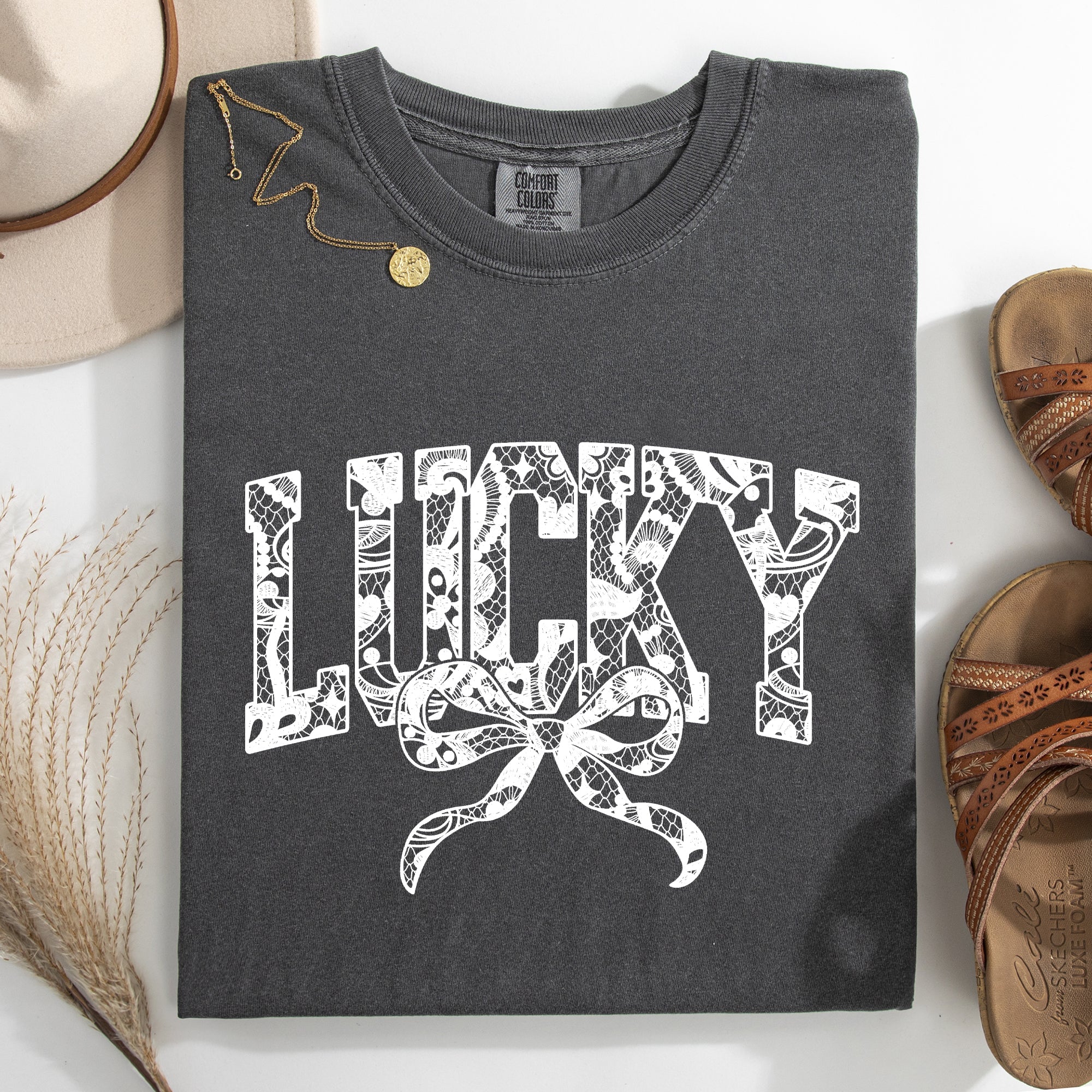 Lucky Lace Coquette Ribbon St Patrick's Day Shamrock Clover Leprechaun Comfort Colors Tee