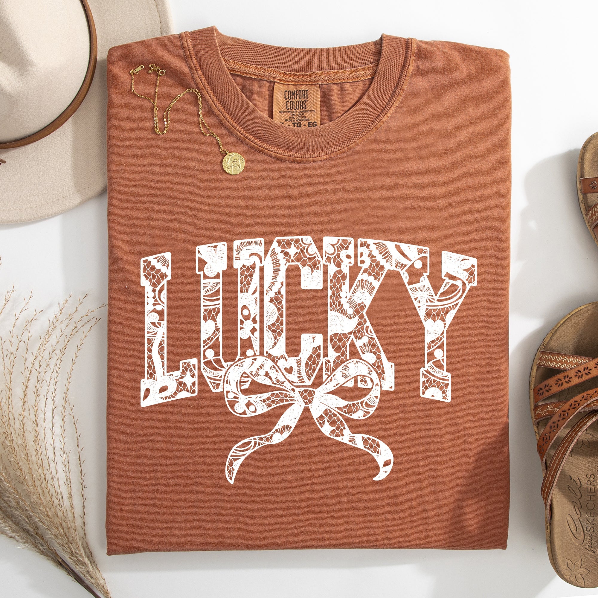 Lucky Lace Coquette Ribbon St Patrick's Day Shamrock Clover Leprechaun Comfort Colors Tee