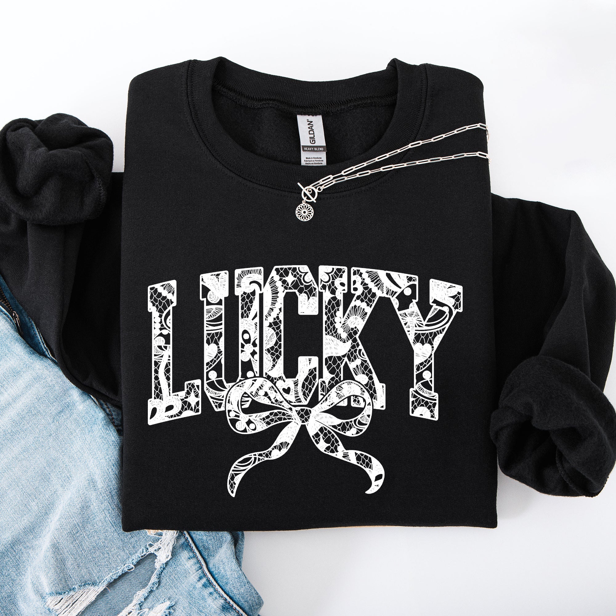 Lucky Lace Coquette Ribbon Leprechaun St Patrick's Day Shamrock Clover Sweatshirt