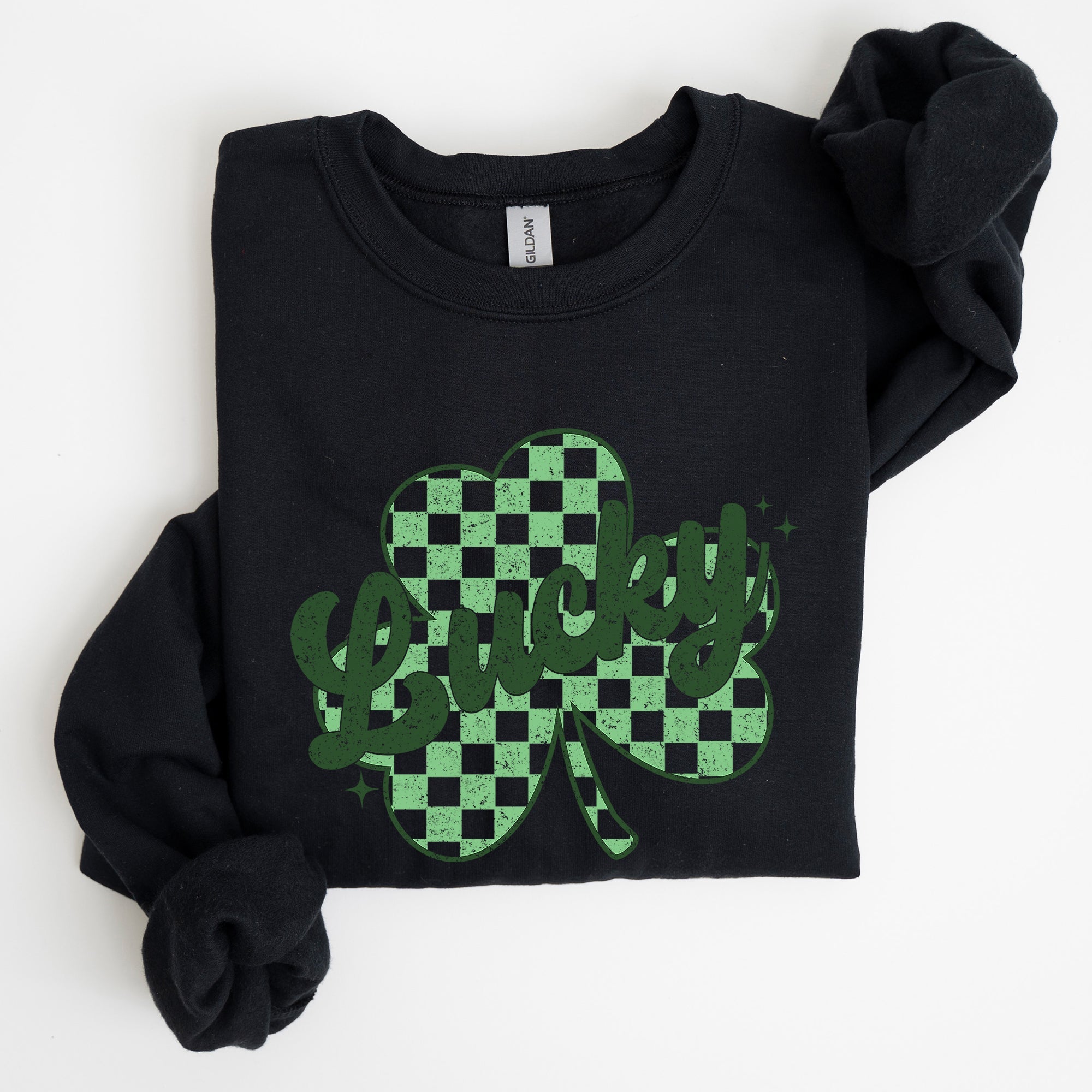 Lucky Shamrock Checker Print St Patrick's Day Holiday Festive Spirit Cozy Sweatshirt