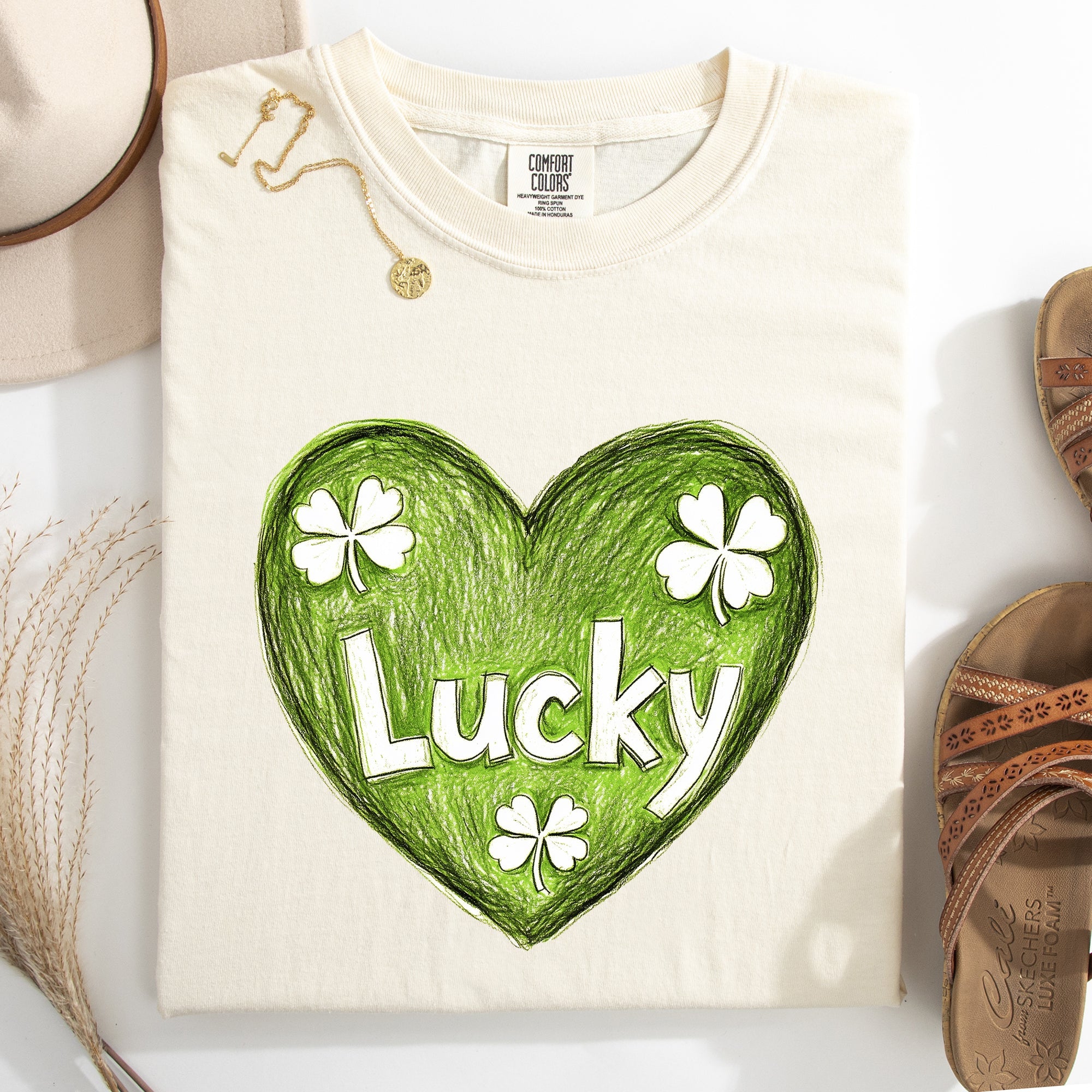 Lucky Sketched Heart St Patrick's Day Shamrock Clover Leprechaun Comfort Colors Tee