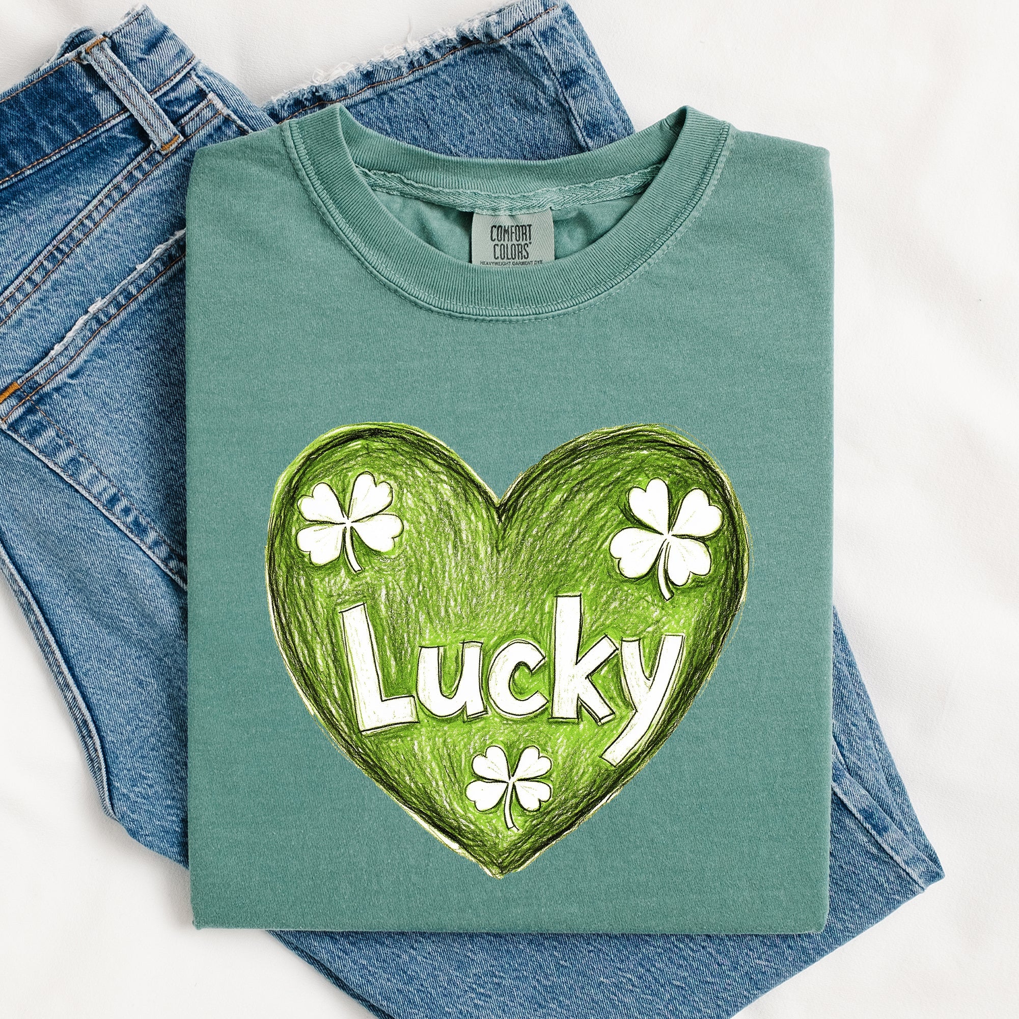 Lucky Sketched Heart St Patrick's Day Shamrock Clover Leprechaun Comfort Colors Tee