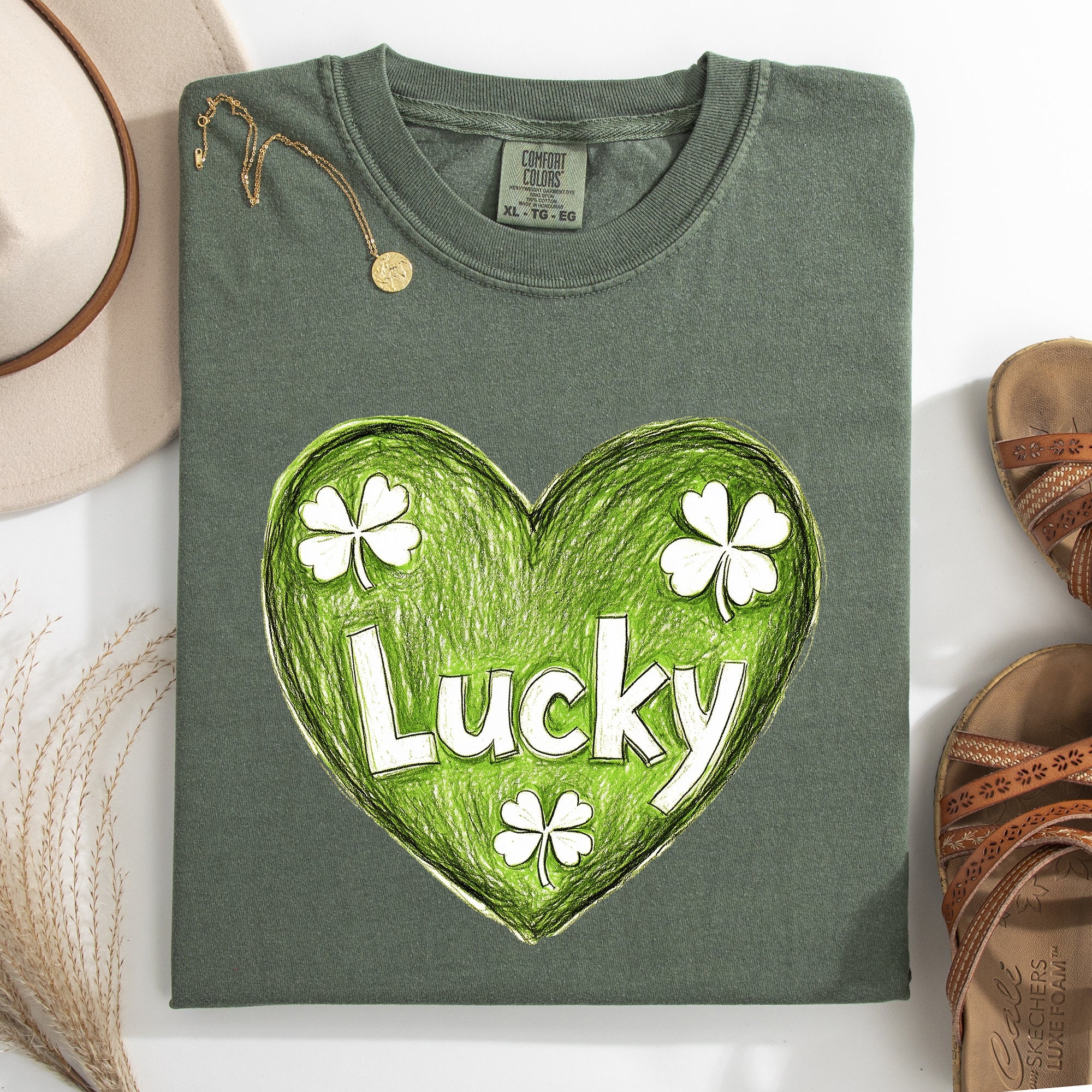 Lucky Sketched Heart St Patrick's Day Shamrock Clover Leprechaun Comfort Colors Tee