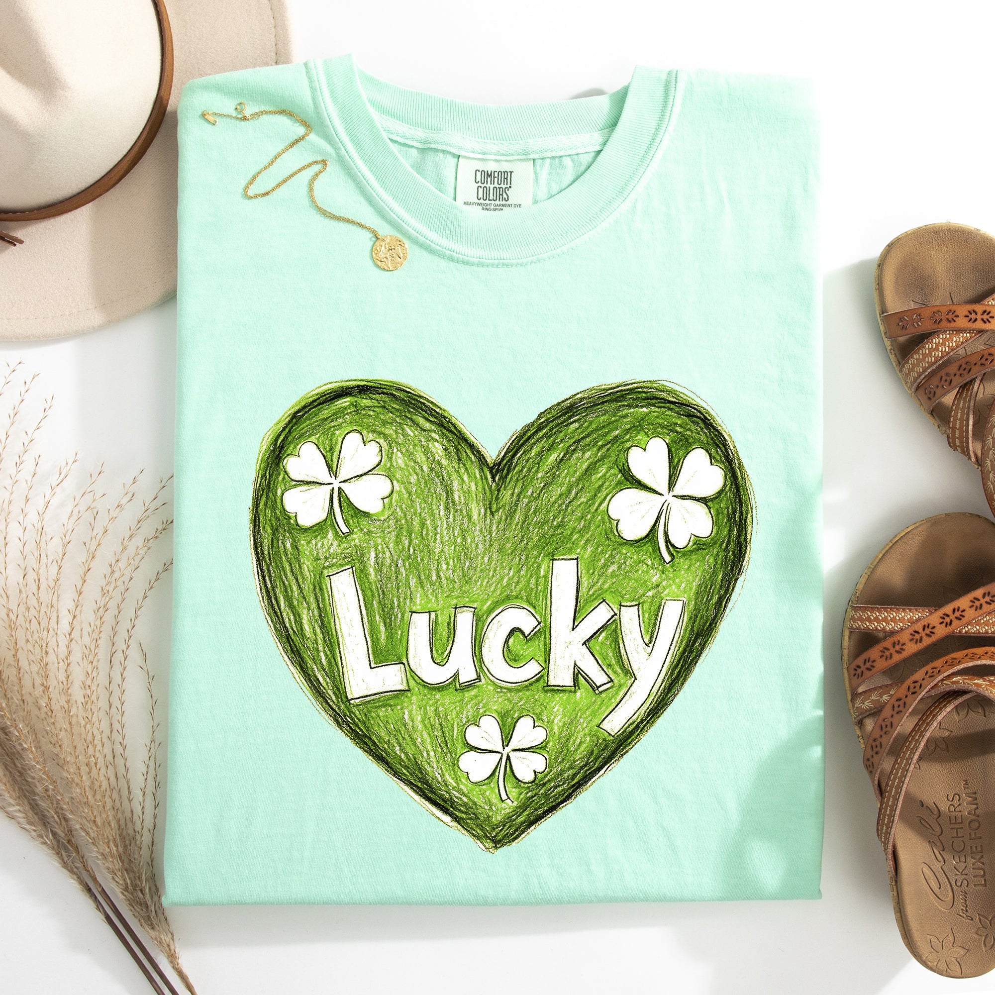 Lucky Sketched Heart St Patrick's Day Shamrock Clover Leprechaun Comfort Colors Tee