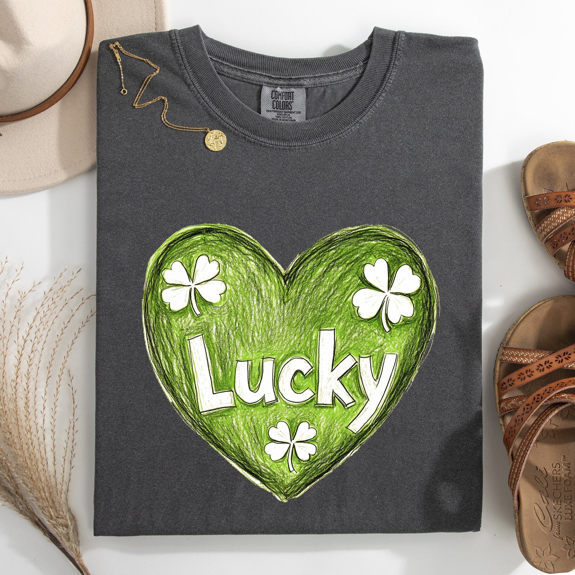 Lucky Sketched Heart St Patrick's Day Shamrock Clover Leprechaun Comfort Colors Tee