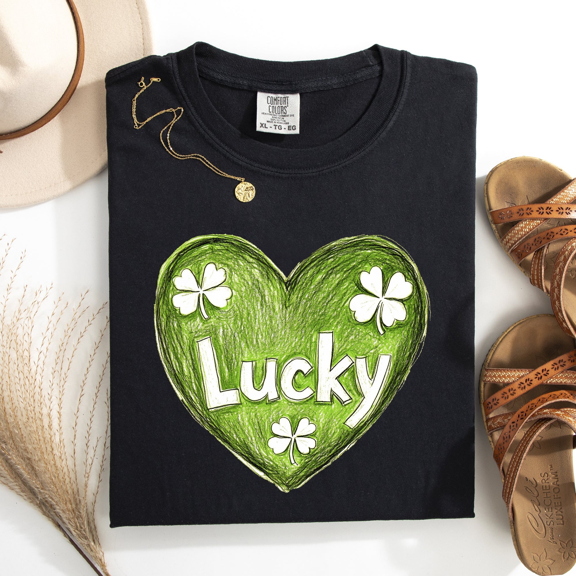 Lucky Sketched Heart St Patrick's Day Shamrock Clover Leprechaun Comfort Colors Tee