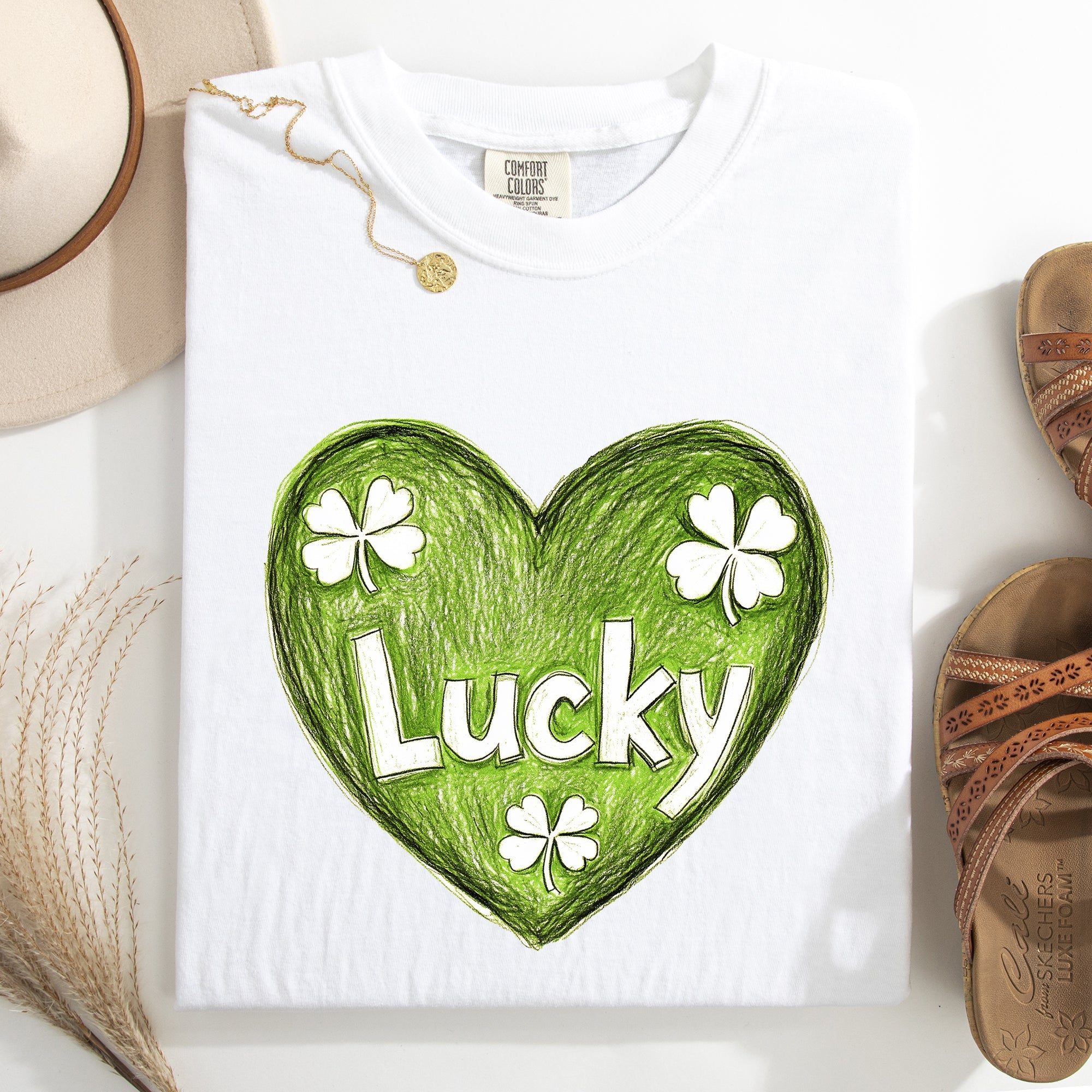 Lucky Sketched Heart St Patrick's Day Shamrock Clover Leprechaun Comfort Colors Tee
